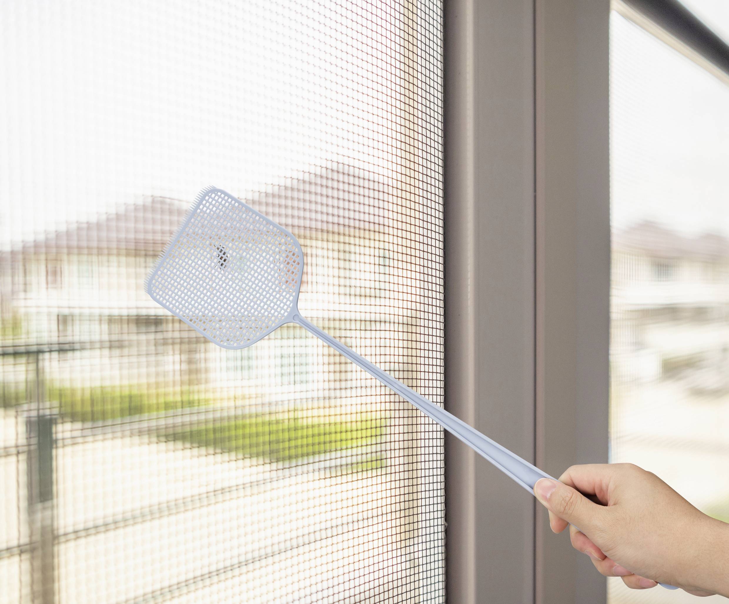 Hand hält Fliegenklatsche am Fenster mit Außensicht.