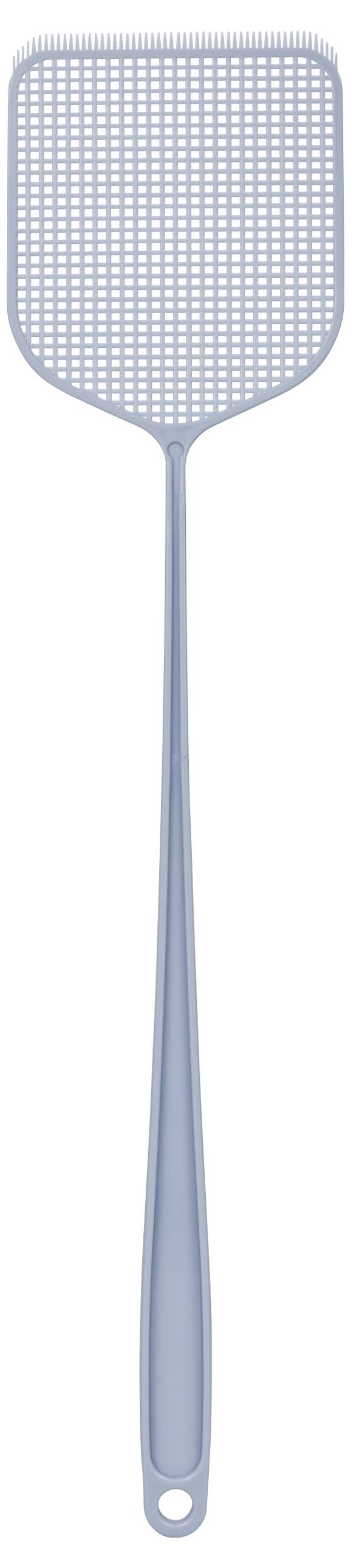 Fliegenklatsche aus hellblauem Kunststoff mit langen Griff und rechteckigem Kopf, perforiert zur effektiven Insektenabwehr.