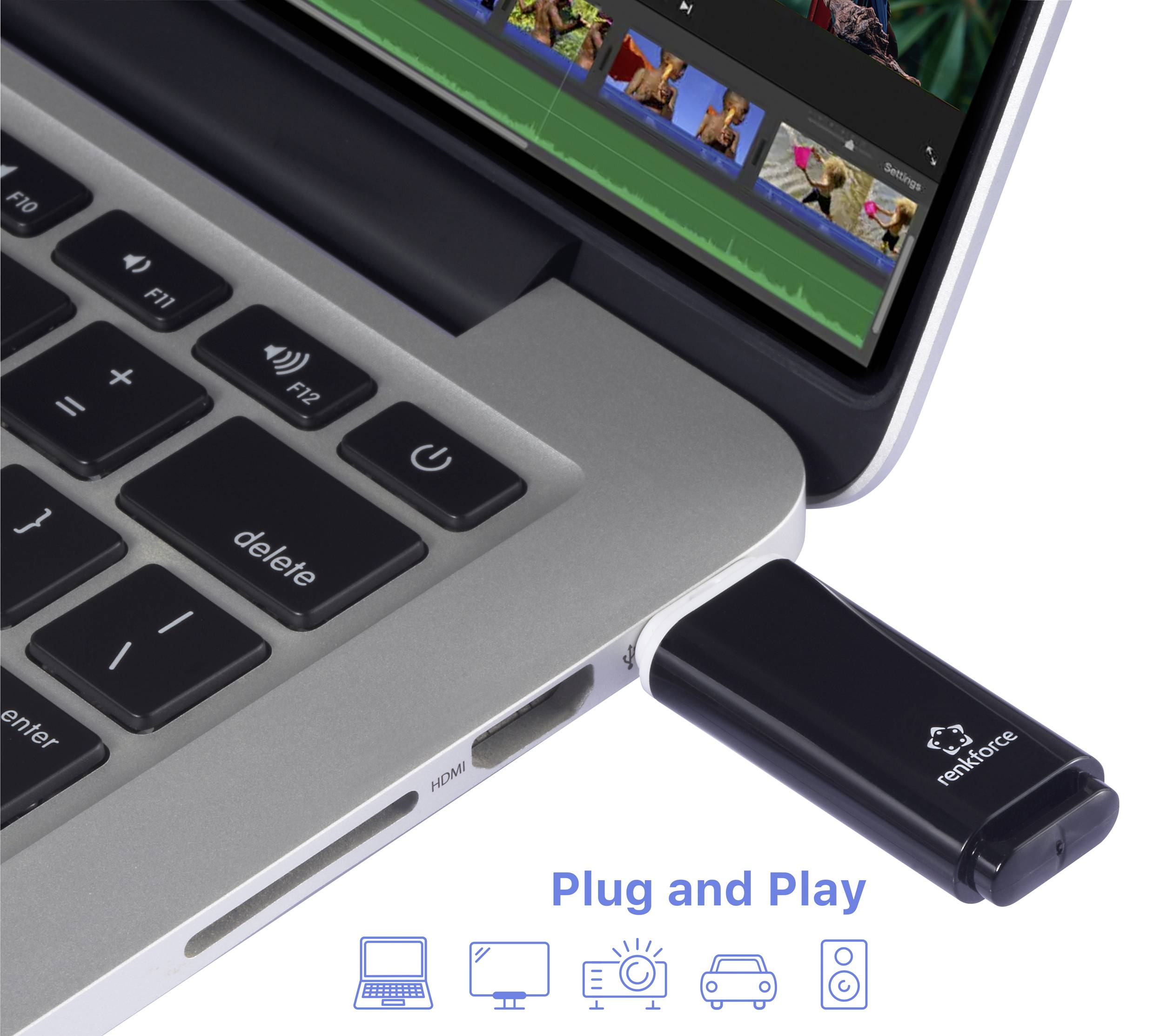 Ein Laptop mit eingestecktem USB-Stick. Darunter Symbole und Text 'Plug and Play', was zeigt, dass der Stick ohne Konfiguration funktioniert.