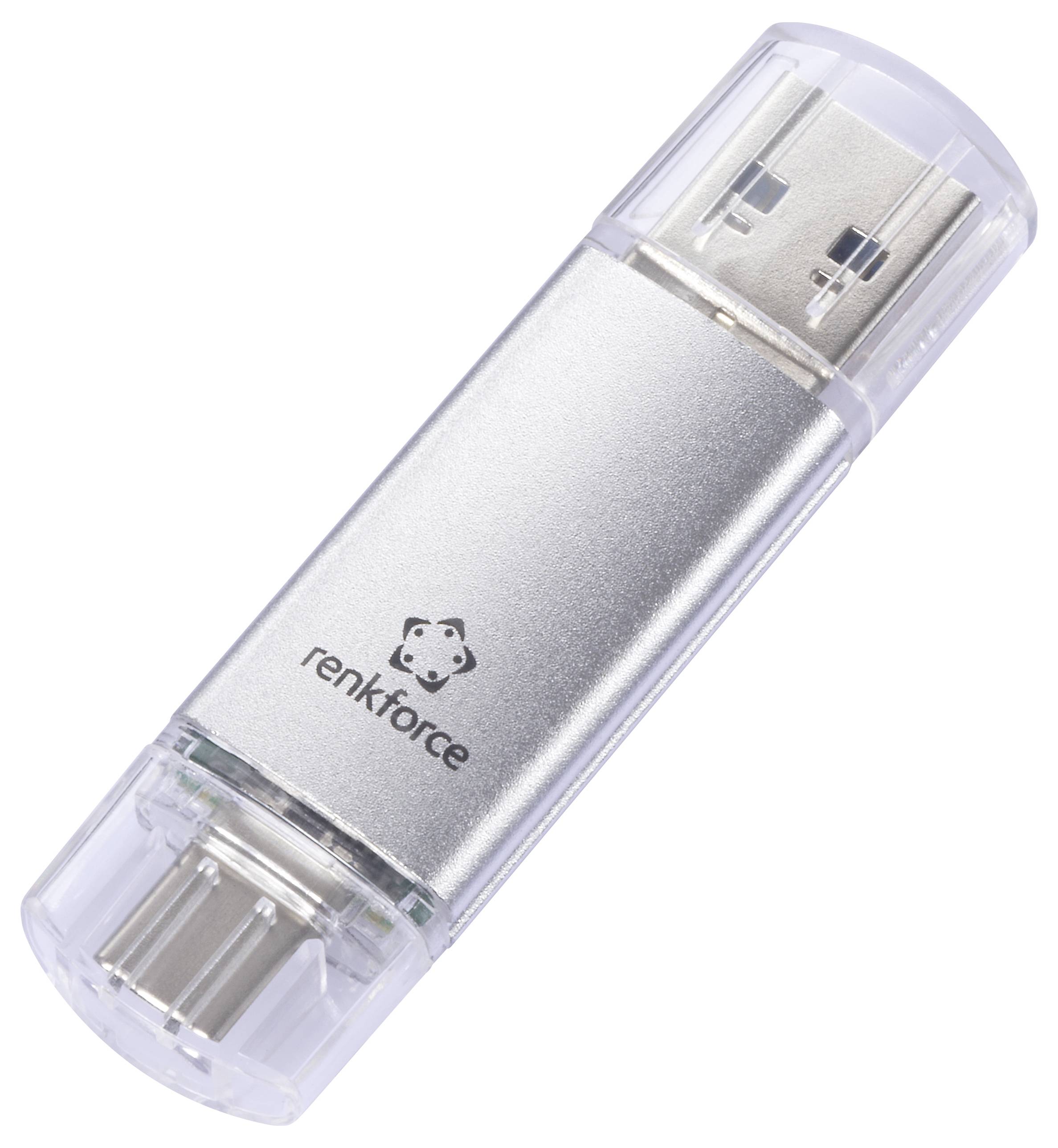 USB-Stick von Renkforce mit transparenten Kappen über den steckbaren Enden, die Mikro- und Standard-USB-Anschlüsse schützen.