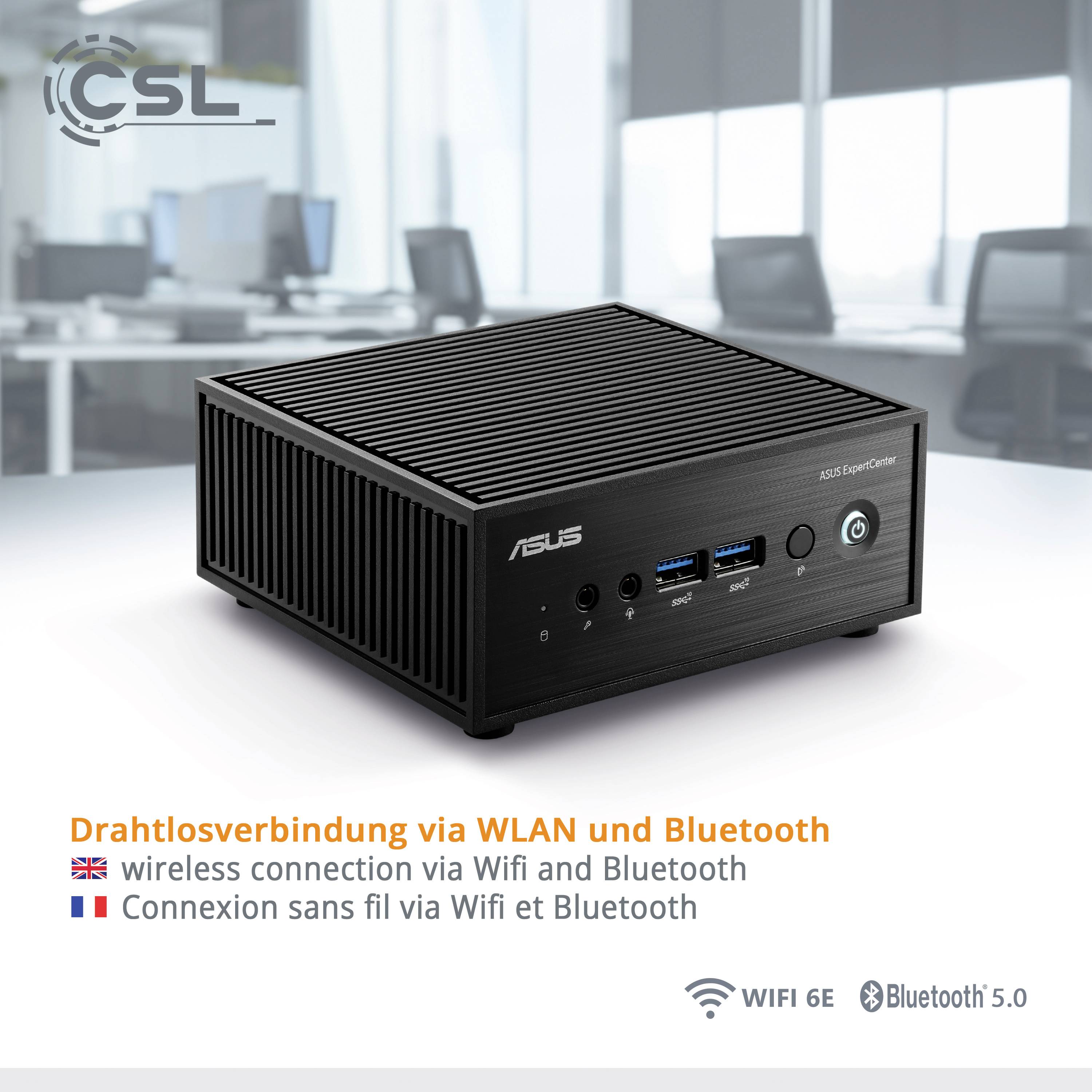 'CSL' Logo und 'Wireless Verbindung via WLAN und Bluetooth'. Bild zeigt einen ASUS Mini-PC, schwarze Farbe, mit USB-Ports.