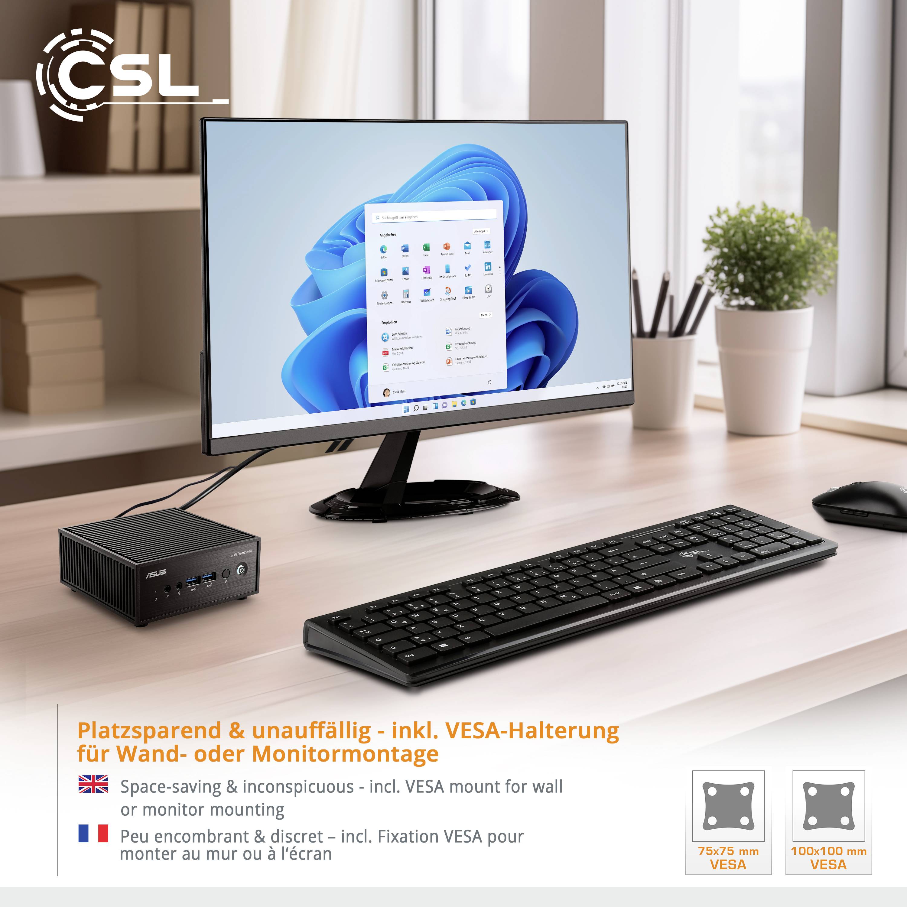 Ein PC mit Monitor zeigt ein Windows-Desktop. Tastatur und Maus sind davor. Text: 'Platzsparend & unauffällig - inkl. VESA-Halterung für Wand- oder Monitormontage'.