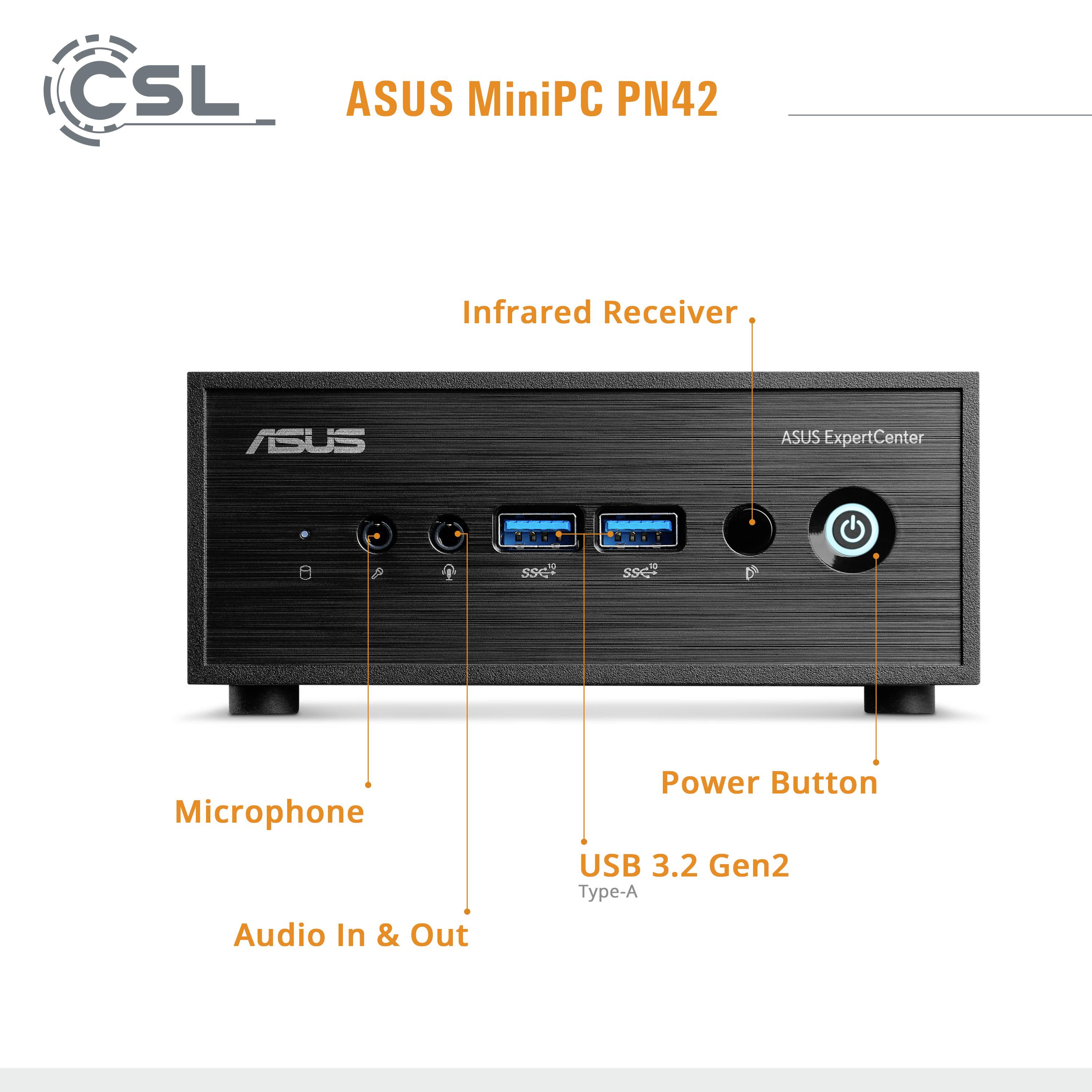Ein schwarzer MiniPC von ASUS mit zwei USB 3.2-Anschlüssen, Audio-Ein- und Ausgang, Mikrofon, Infrarotempfänger und Netzschalter.