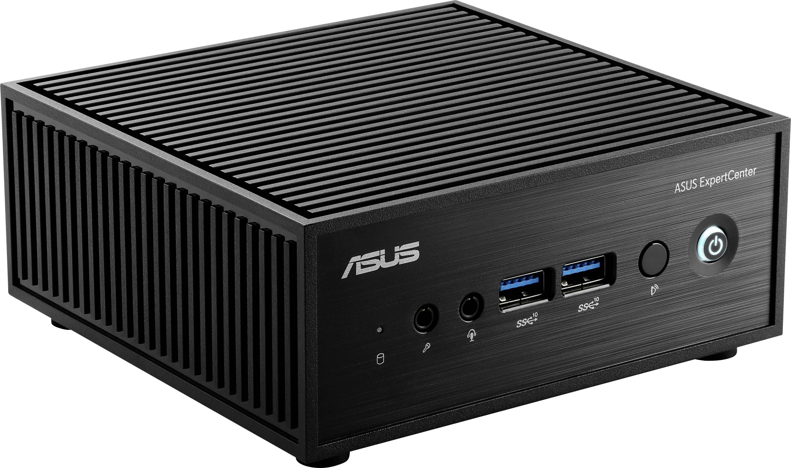 Ein kompakter schwarzer ASUS ExpertCenter Mini-PC mit USB-Anschlüssen, Audioanschluss und Netzschalter auf der Vorderseite.