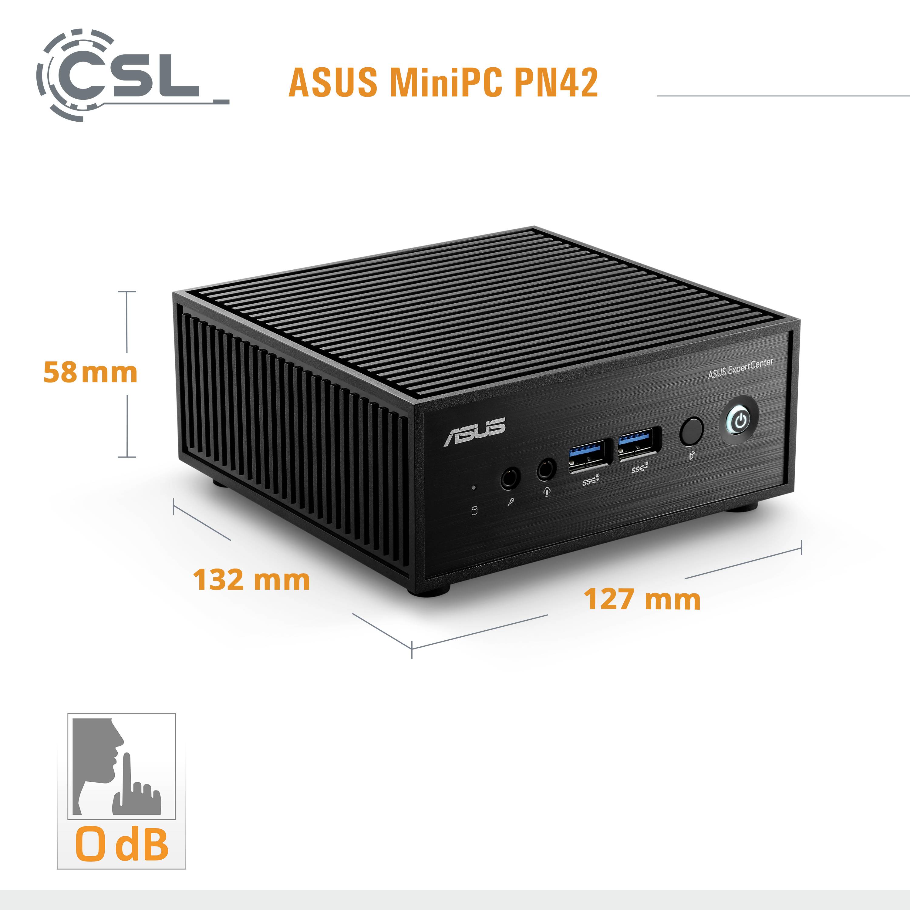 Schwarzer ASUS MiniPC PN42 mit Produktlogos. Abmessungen: 58 mm hoch, 132 mm breit, 127 mm tief. Anschlüsse: 2 USB-Ports.