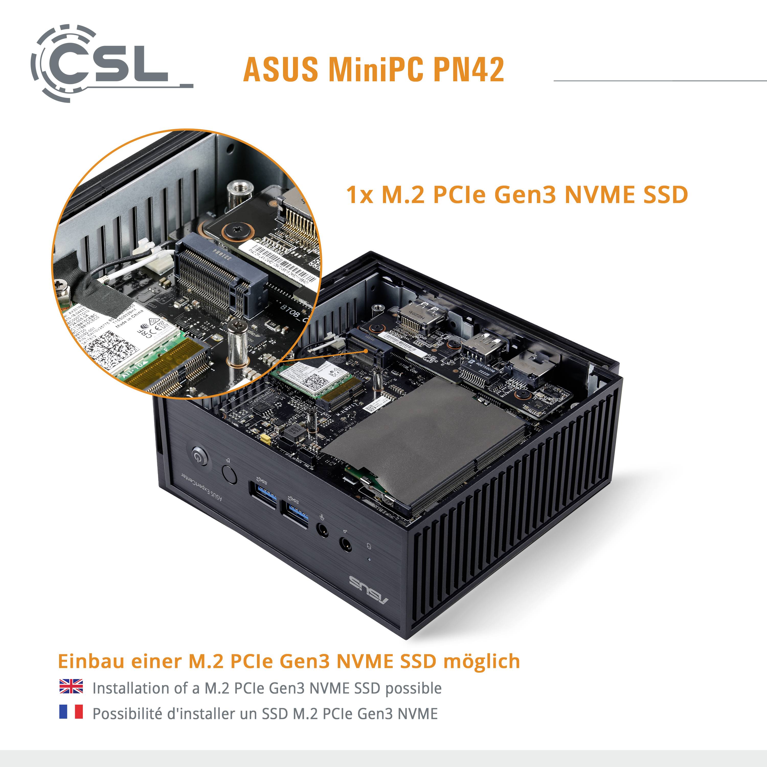 ASUS MiniPC PN42 mit 1x M.2 PCIe Gen3 NVMe SSD, Installation möglich. Abgebildet ist das Innenleben des MiniPCs.