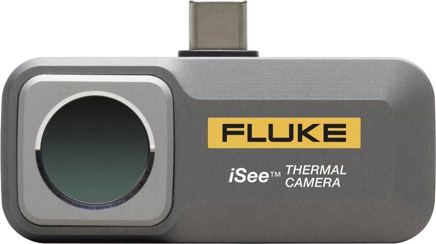 USB-C Wärmebildkamera mit der Aufschrift 'FLUKE iSee Thermal Camera', zur Erkennung von Temperaturunterschieden in technischen Anwendungen.
