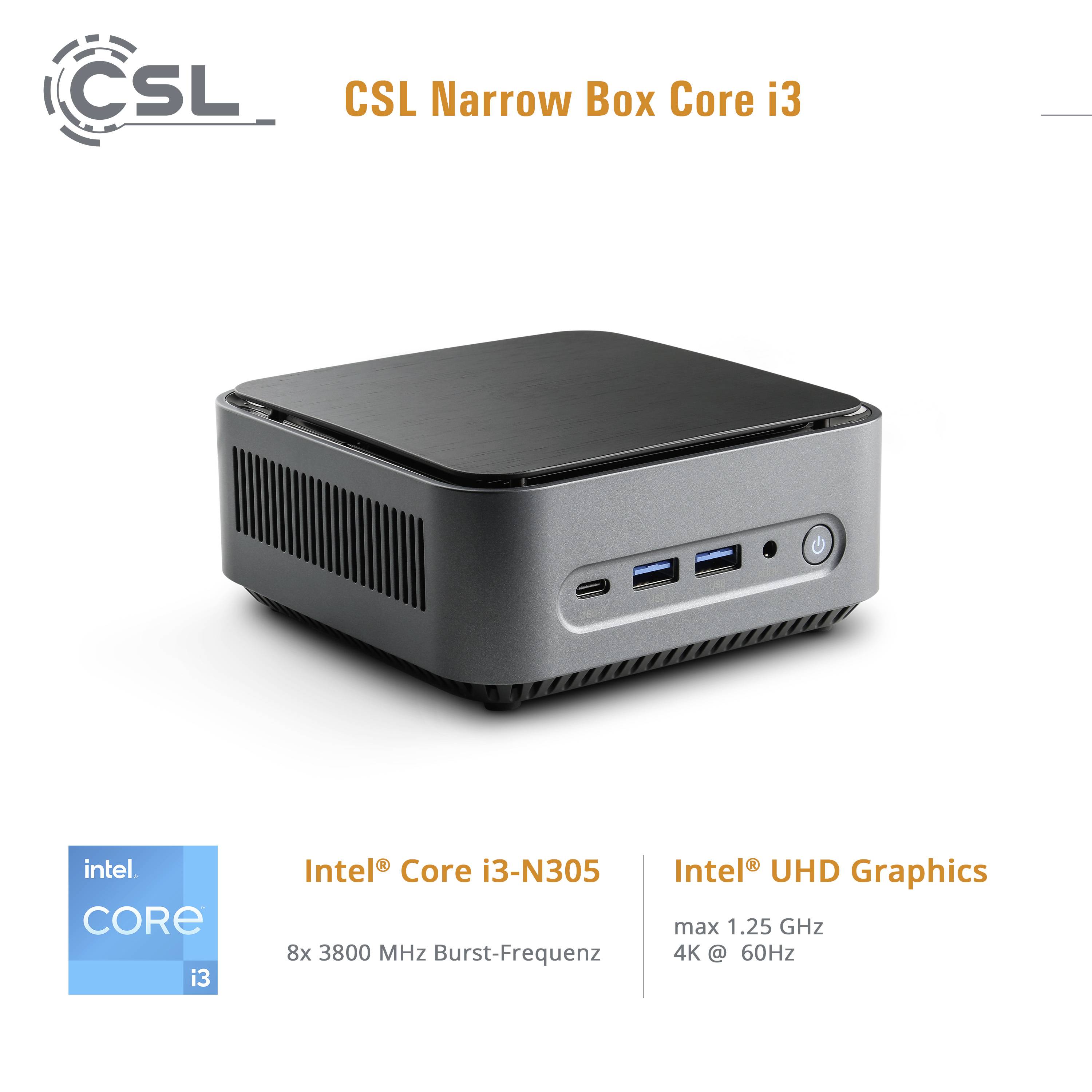 CSL Computer Mini PC Narrow Box Intel® Core™ i3 N305 3.8GHz 8GB RAM 500GB SSD Intel UHD Graphics Win 11 Home 92189