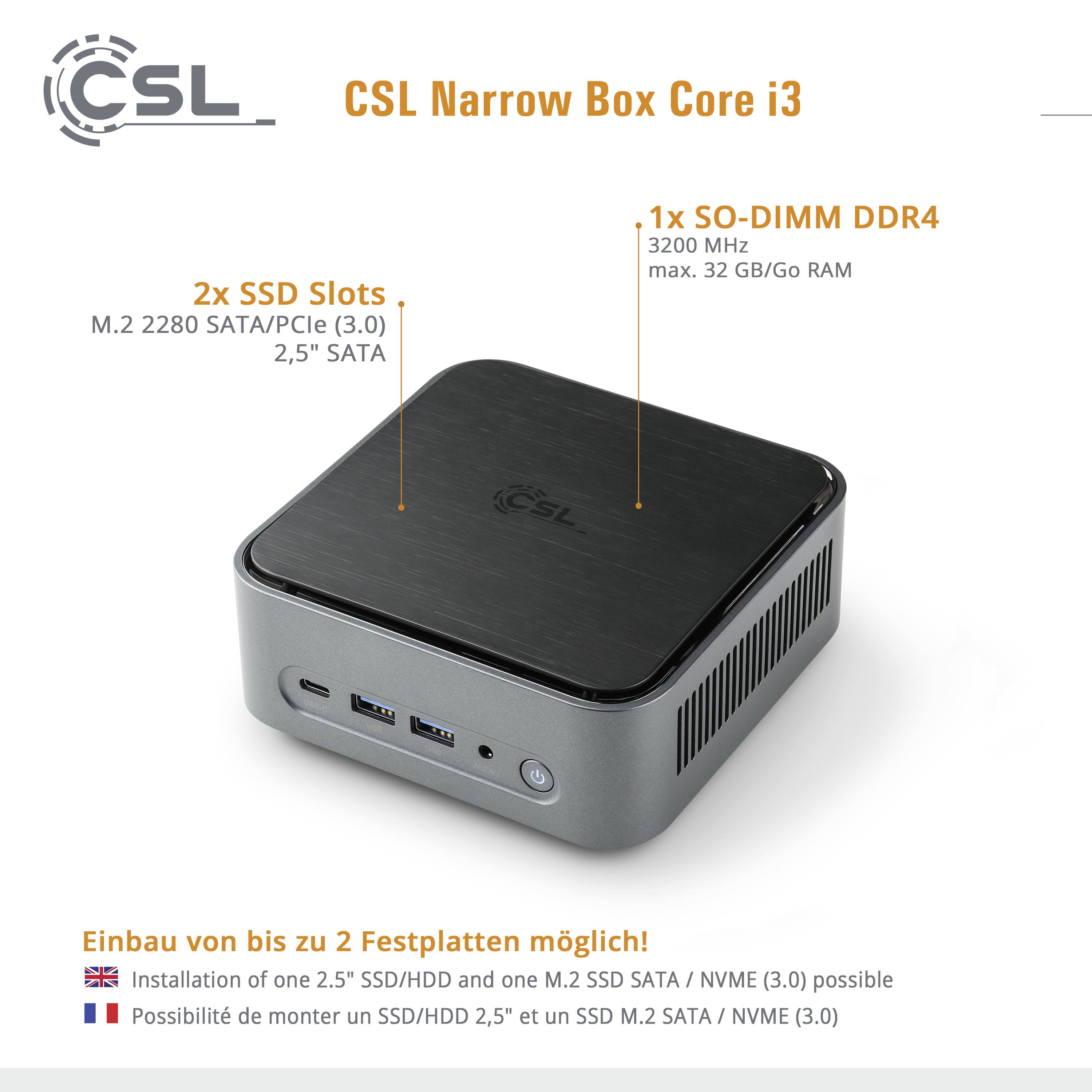 'CSL Narrow Box Core i3 Mini-PC', kompakt, 2x SSD-Steckplätze, 1x SO-DIMM DDR4, Einbau für 2 Festplatten möglich, WLAN/BT-fähig.
