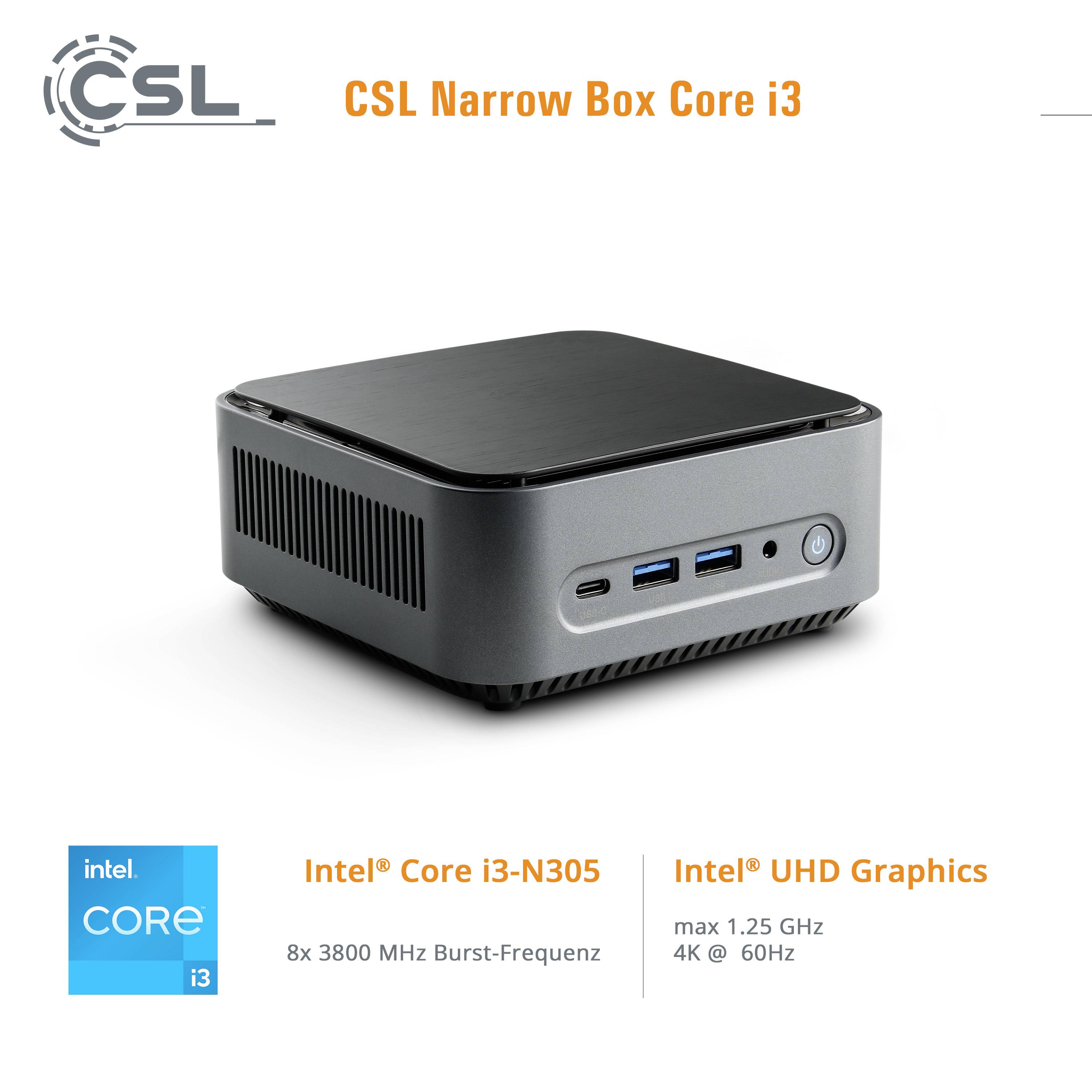 Kompakter Mini-PC, CSL Narrow Box Core i3 mit Intel Core i3-N305 Prozessor, 3800 MHz Burst-Frequenz, Intel UHD Grafik, 4K @ 60Hz.