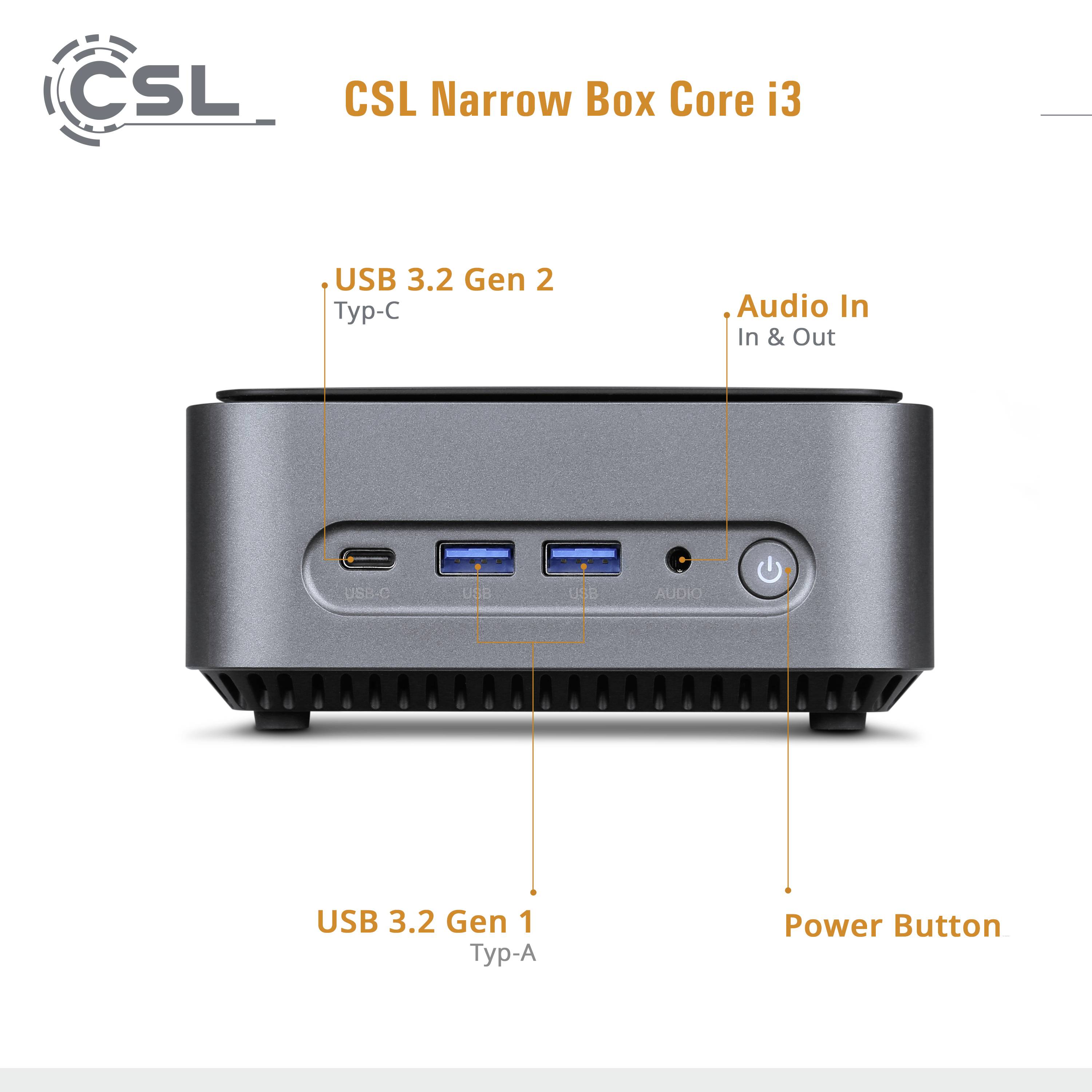 Der CSL Narrow Box Core i3 zeigt die Vorderseite eines kompakten PC-Gehäuses mit USB- und Audioports sowie einem Netzschalter.