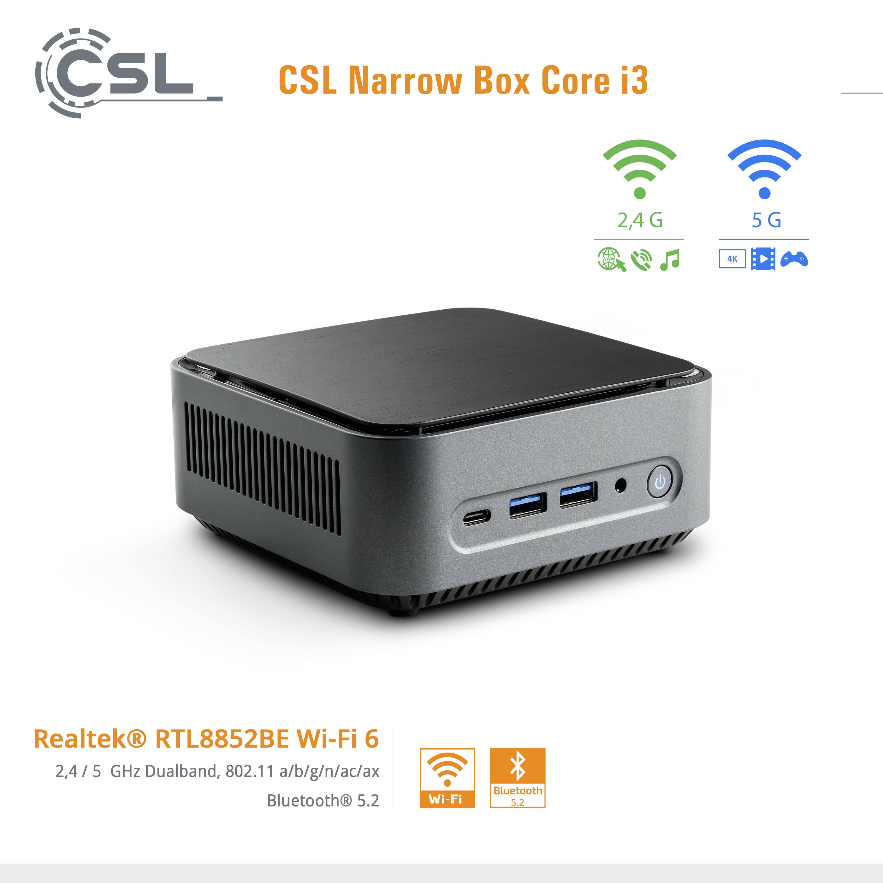 Ein kompakter silberner und schwarzer Mini-PC mit Anschlüssen auf der Vorderseite. Text darüber verweist auf 'CSL Narrow Box Core i3'.