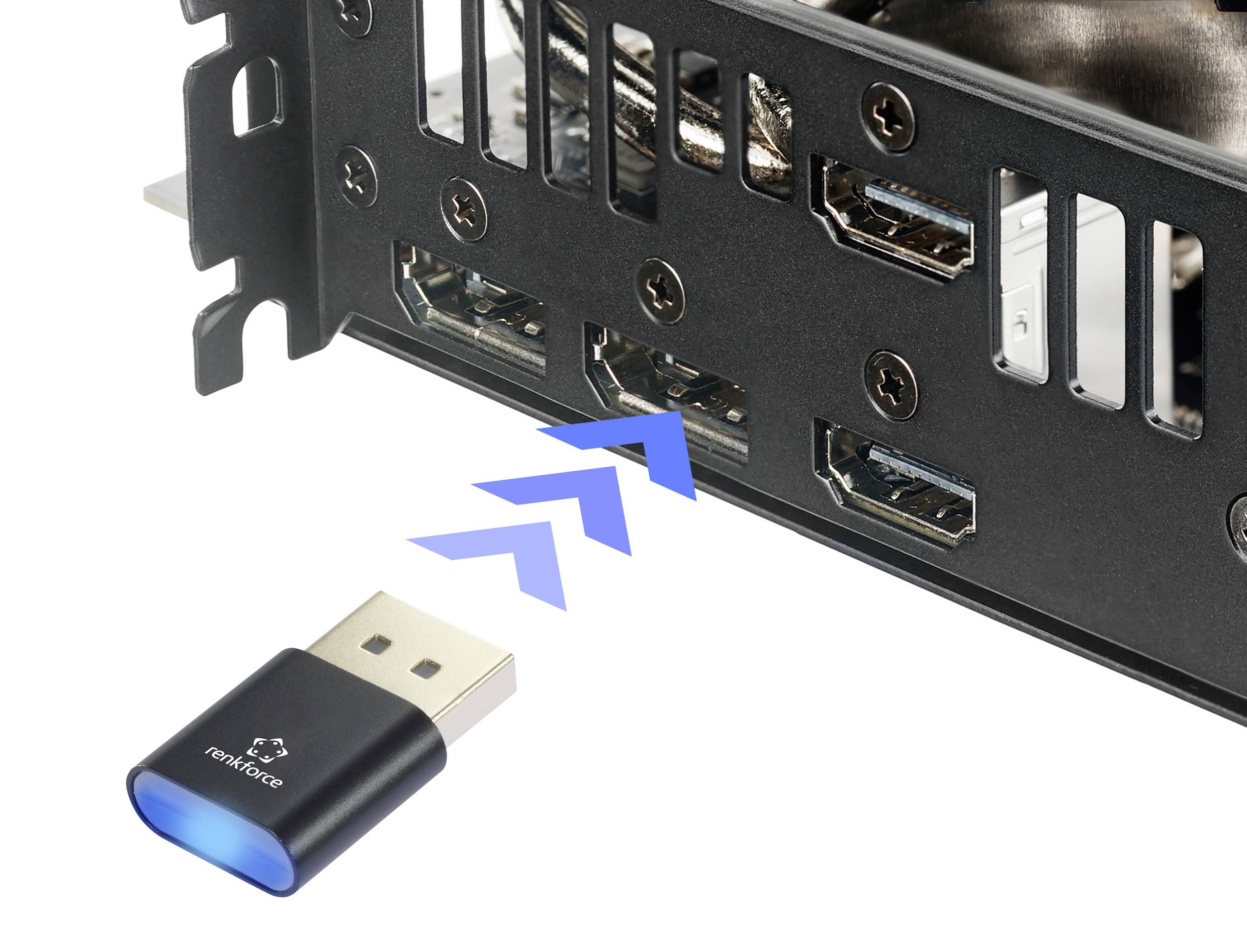 USB-Dongle mit blauem Lichtsymbol zeigt auf die HDMI-Anschlüsse einer Grafikkarte, möglicherweise zur Anzeige von Konnektivität.