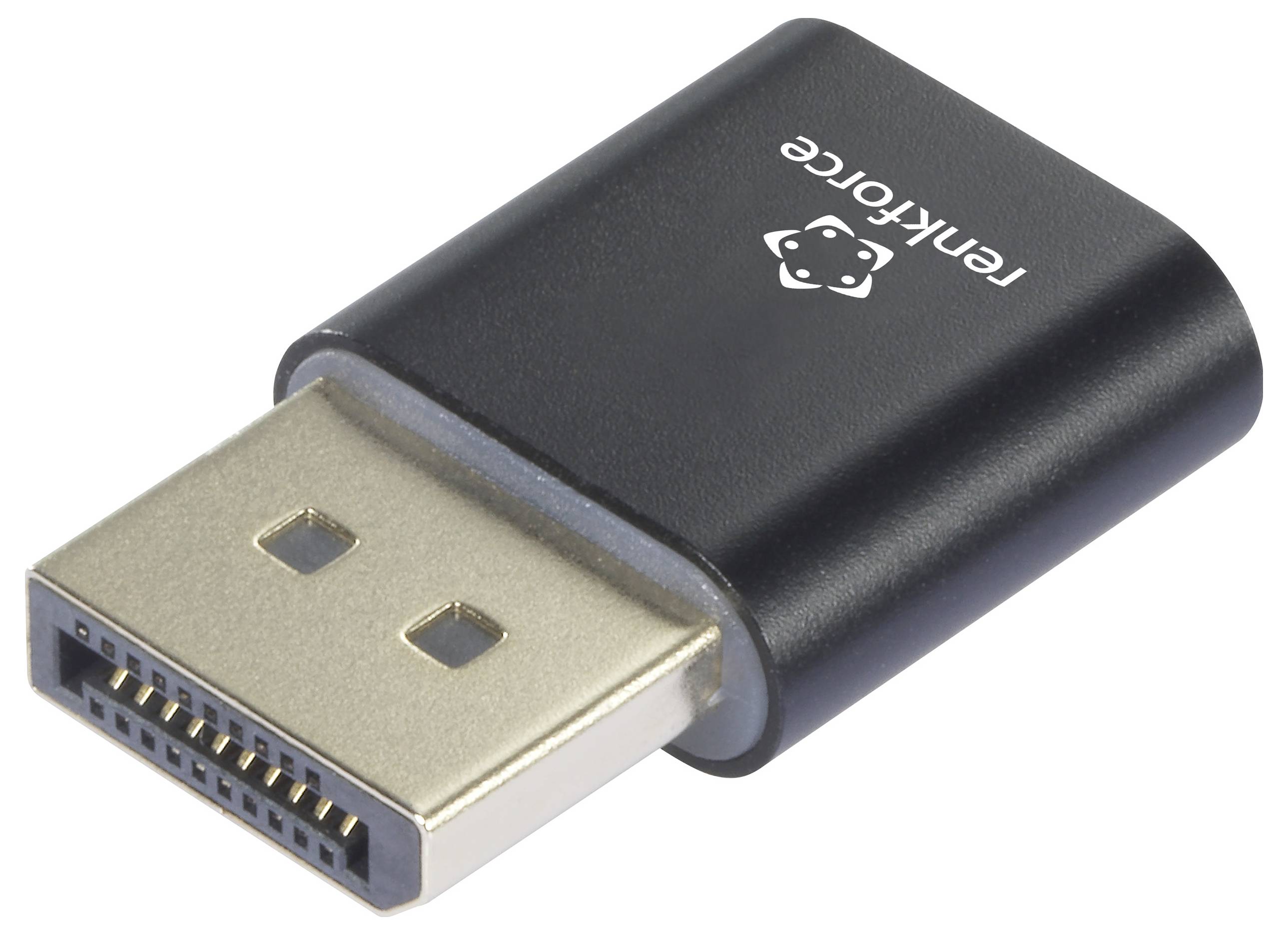 Ein schwarzer DisplayPort-Adapter von 'renkforce' mit zwei Oberflächenanschlüssen, dient zur Verbindung von Geräten mit DisplayPort.