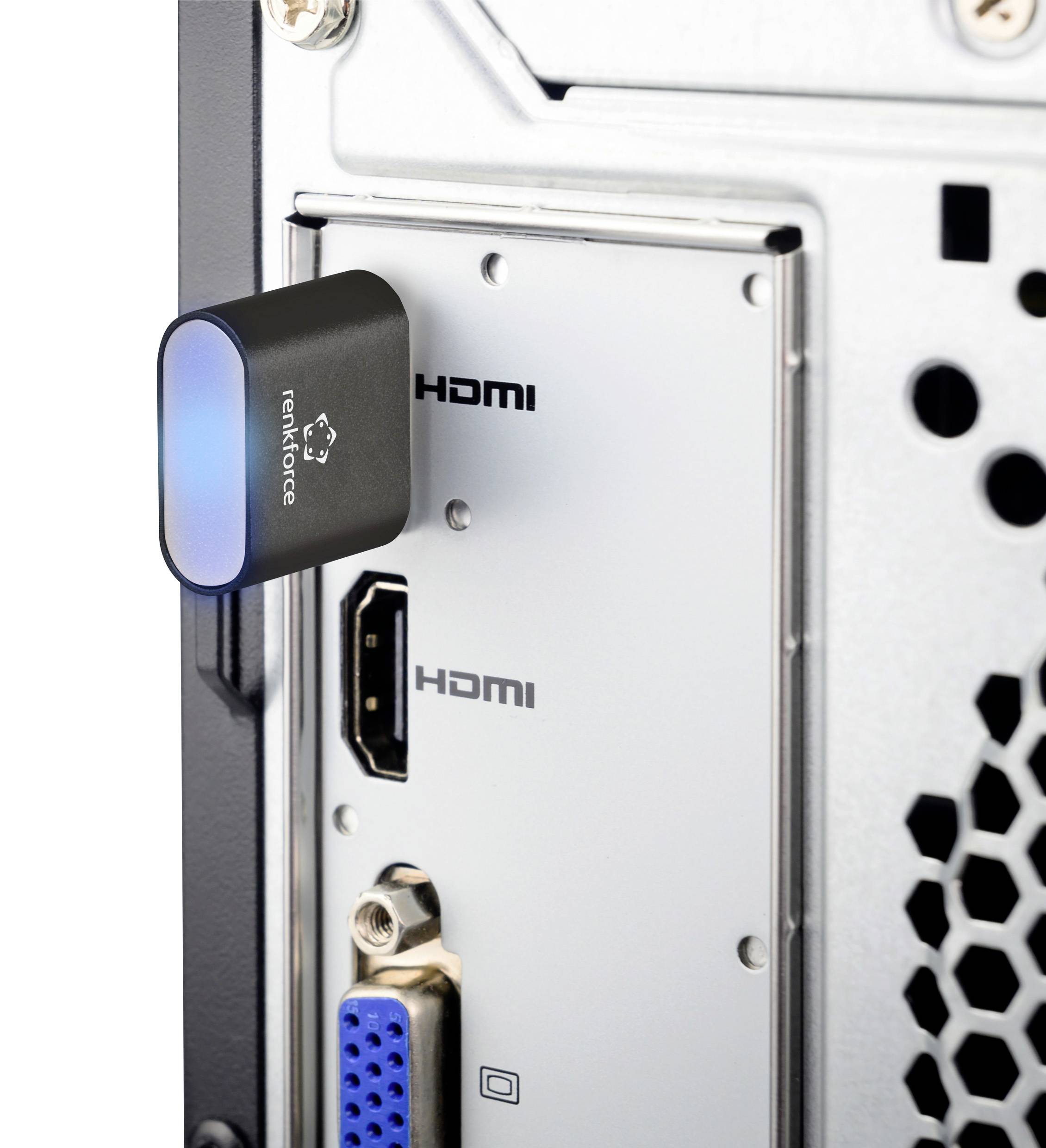 Ein HDMI-Stecker ist in die HDMI-Buchse eines Computers eingesteckt. Daneben befinden sich eine weitere HDMI- und eine VGA-Buchse.