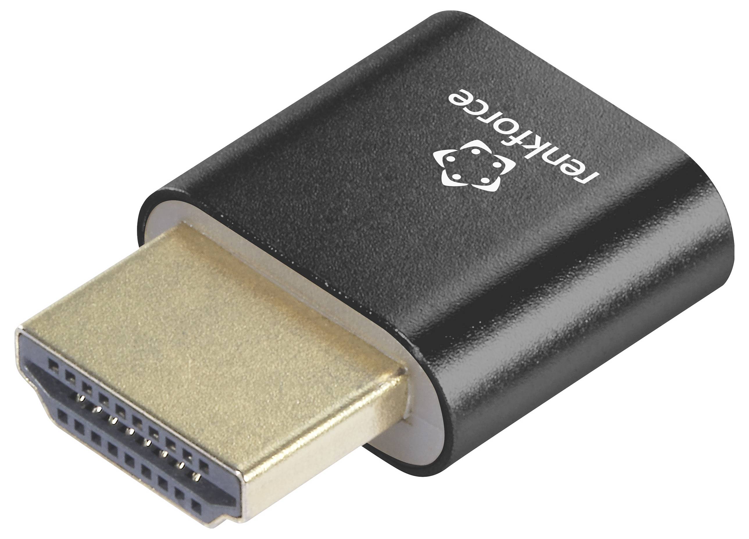 Ein schwarzer HDMI-Adapter mit einem goldfarbenen Anschluss, der seitlich liegt. Auf dem Adapter steht 'Fenkforce'.