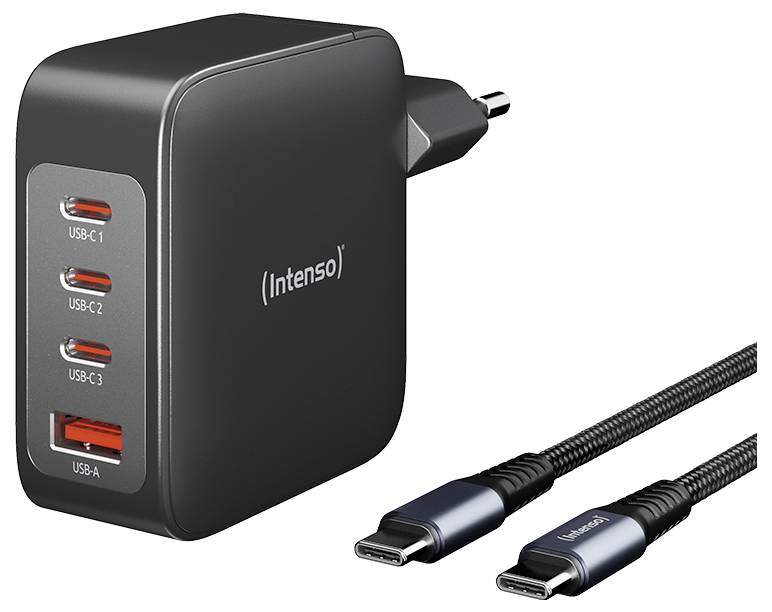 Intenso W140A3C + C520C black USB Ladegerät 140W 3x USB-C®, 1x USB-A QC 4+, USB PD 3.1, PPS Schwarz Innenbereich GaN, USB Power