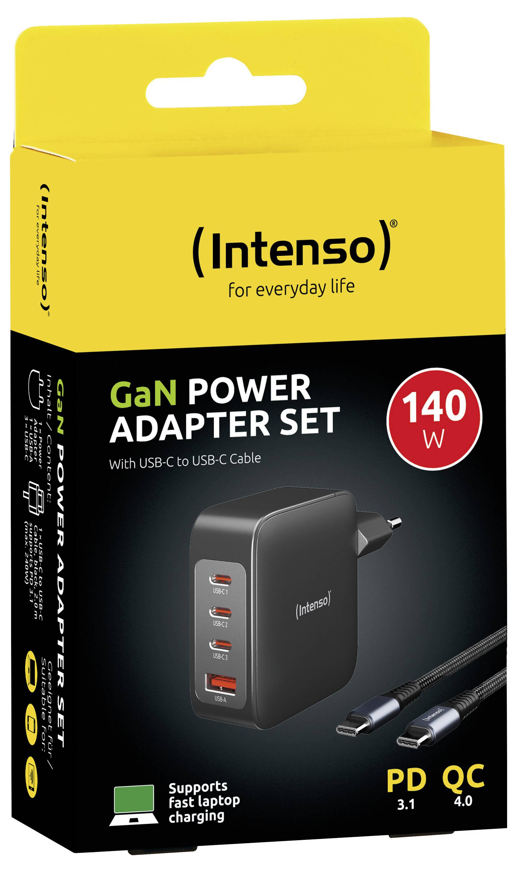 Intenso W140A3C + C520C black USB Ladegerät 140 W 3x USB-C®, 1x USB-A QC 4+, USB PD 3.1, PPS Schwarz Innenbereich GaN, USB Power Delivery (USB-PD)