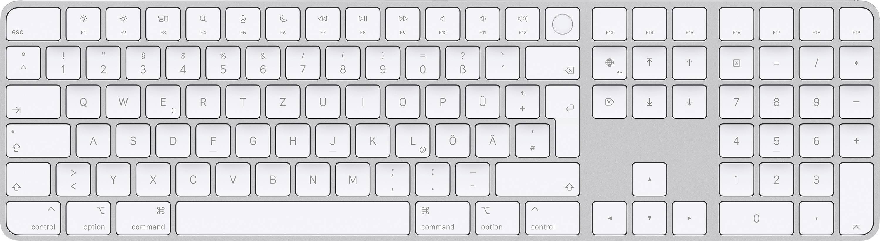 Eine weiße Computertastatur mit standardmäßiger Anordnung: alphanumerische Tasten, Funktionsreihe oben, Nummernblock rechts.