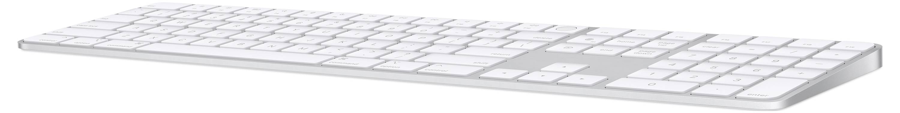 Eine schlanke, weiße Computertastatur mit flachen Tasten und einem separaten Ziffernblock, stilvoll für Büro- und Heimgebrauch.
