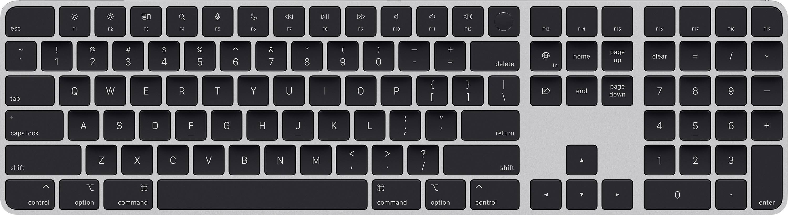 Schwarze Computertastatur mit deutschem Layout; umfasst Ziffernblock, Funktionstasten, und Pfeiltasten auf grauem Hintergrund.