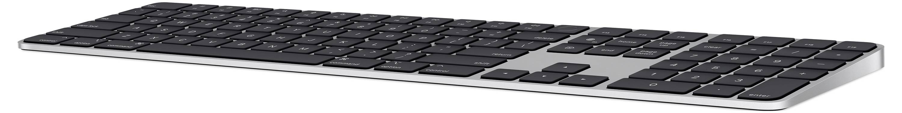 Draufsicht auf eine schlanke, kabellose Tastatur mit schwarzem Tastenfeld und silbernem Gehäuse, geeignet für moderne Schreibtischarbeitsplätze.