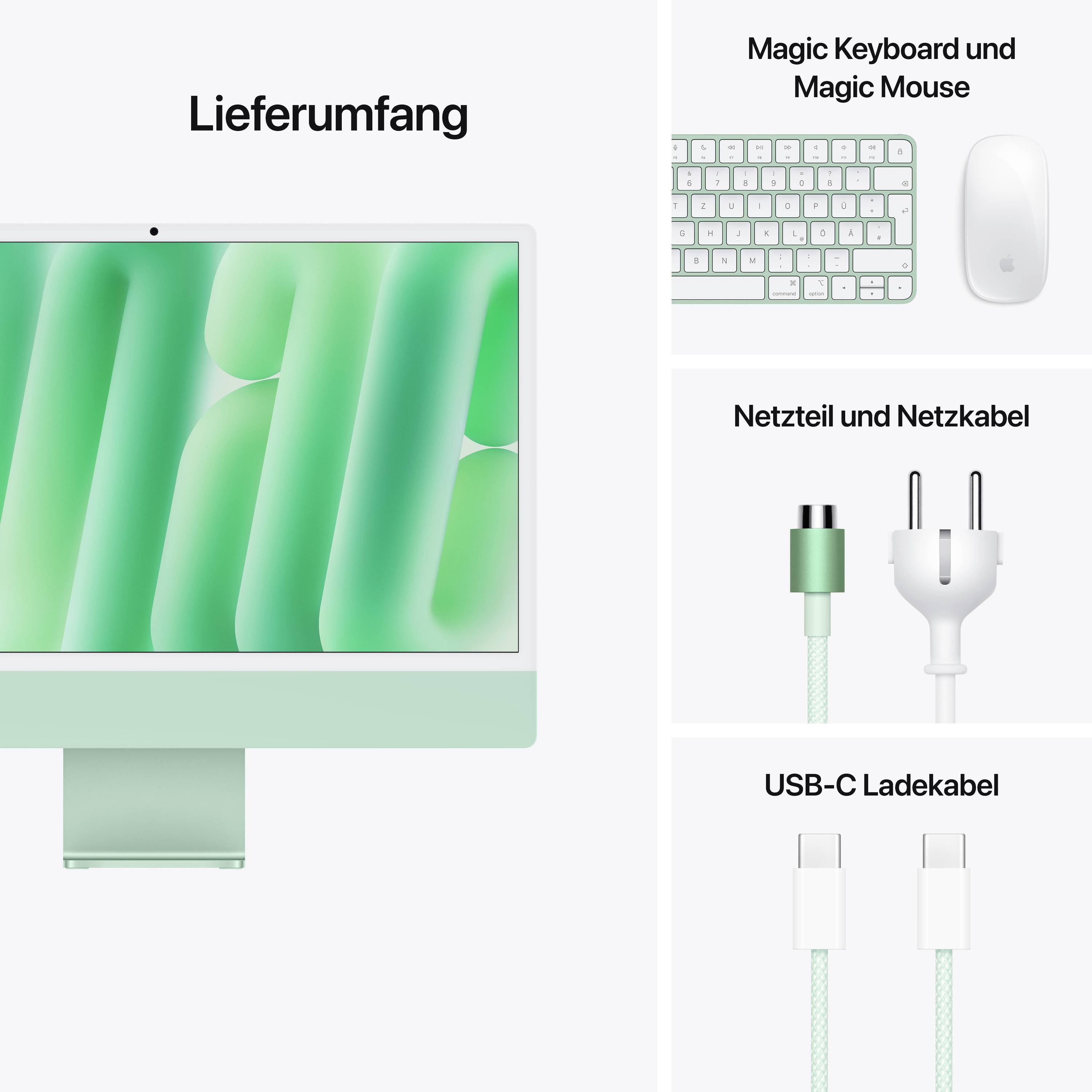 Lieferumfang eines Computers: Bildschirm, Magic Keyboard, Maus, Netzteil, Netzkabel, USB-C Ladekabel.
