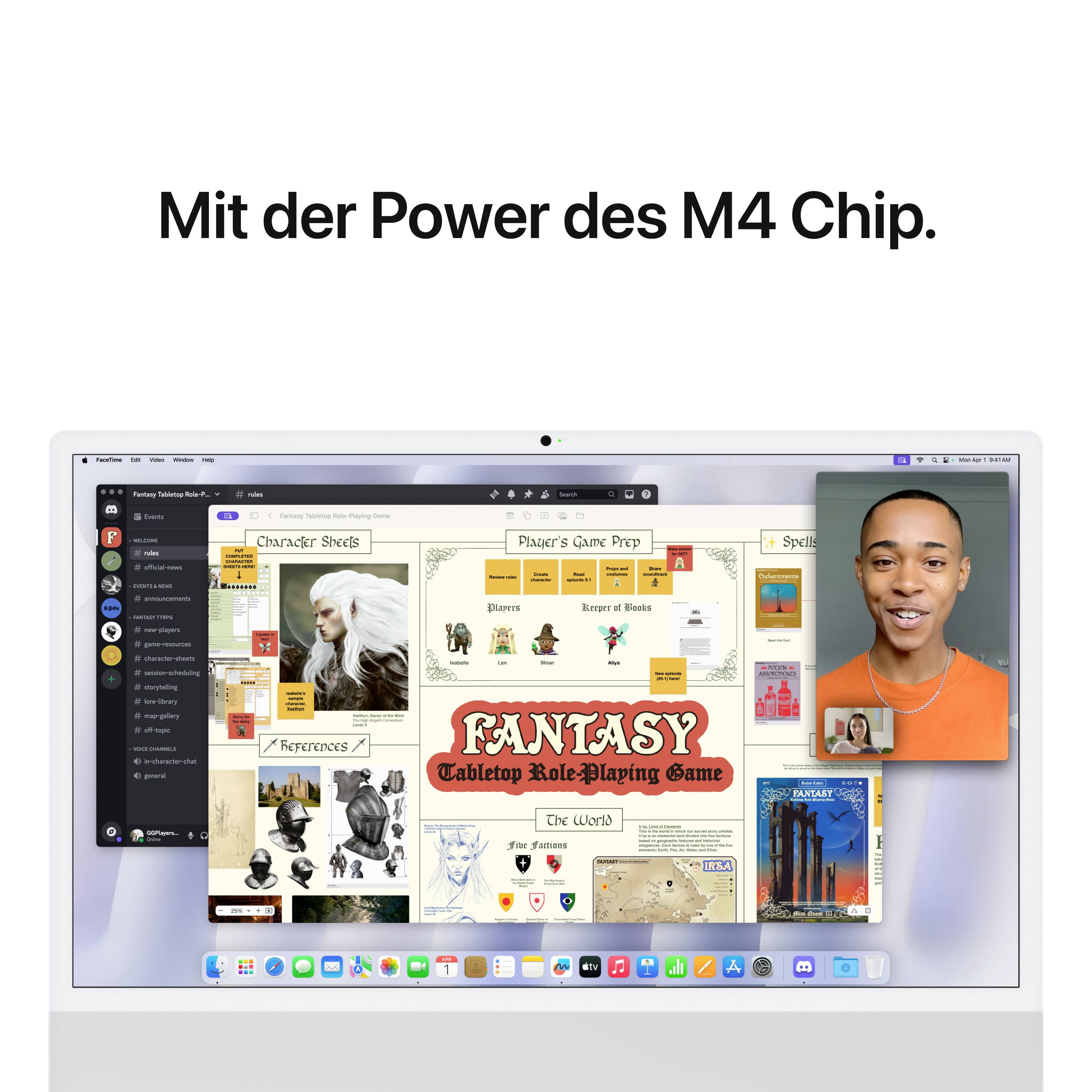 Ein Computerbildschirm zeigt eine Spieleplattform und ein Videoanruf-Fenster. Text oben: 'Mit der Power des M4 Chip.'