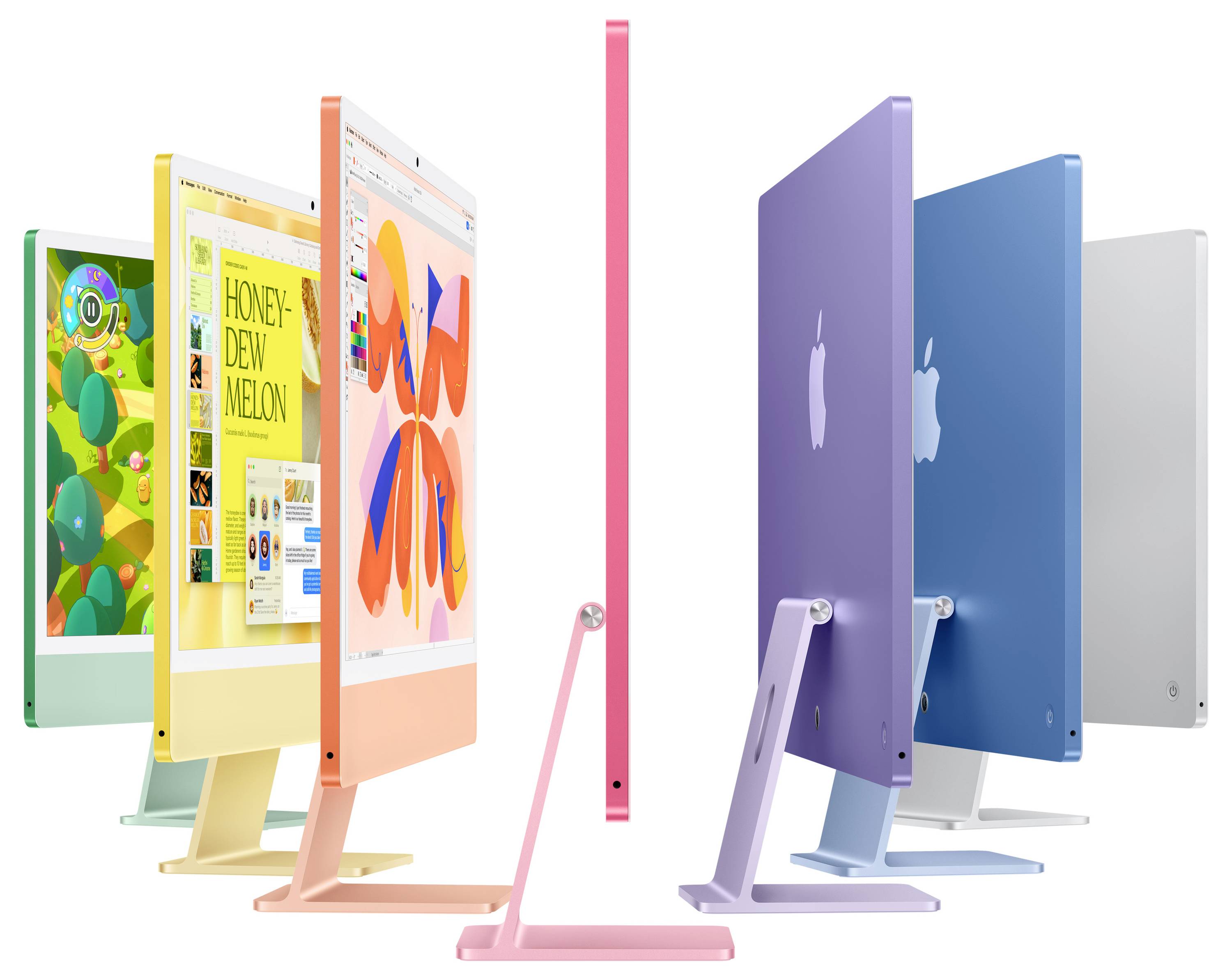 Sechs farbige Computer stehen in zwei gegenüberliegenden Reihen. Die Bildschirme zeigen bunte Designs und Apps.