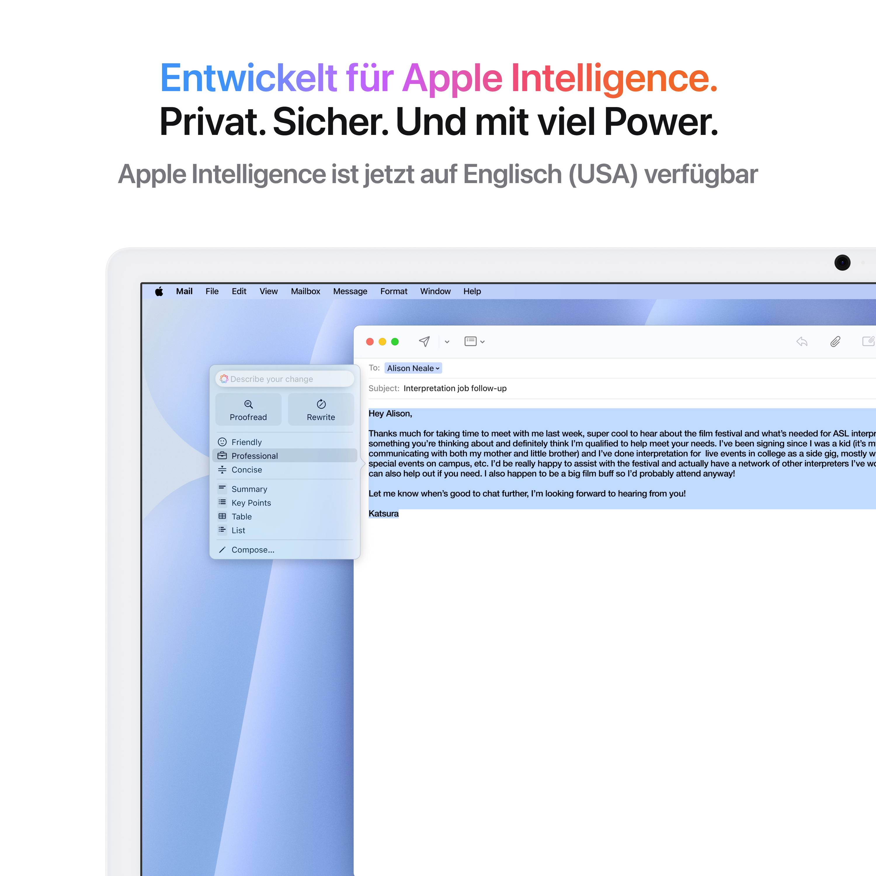 'Entwickelt für Apple Intelligence. Privat, Sicher. Und mit viel Power.' zeigt eine E-Mail-Oberfläche auf einem Computerbildschirm.