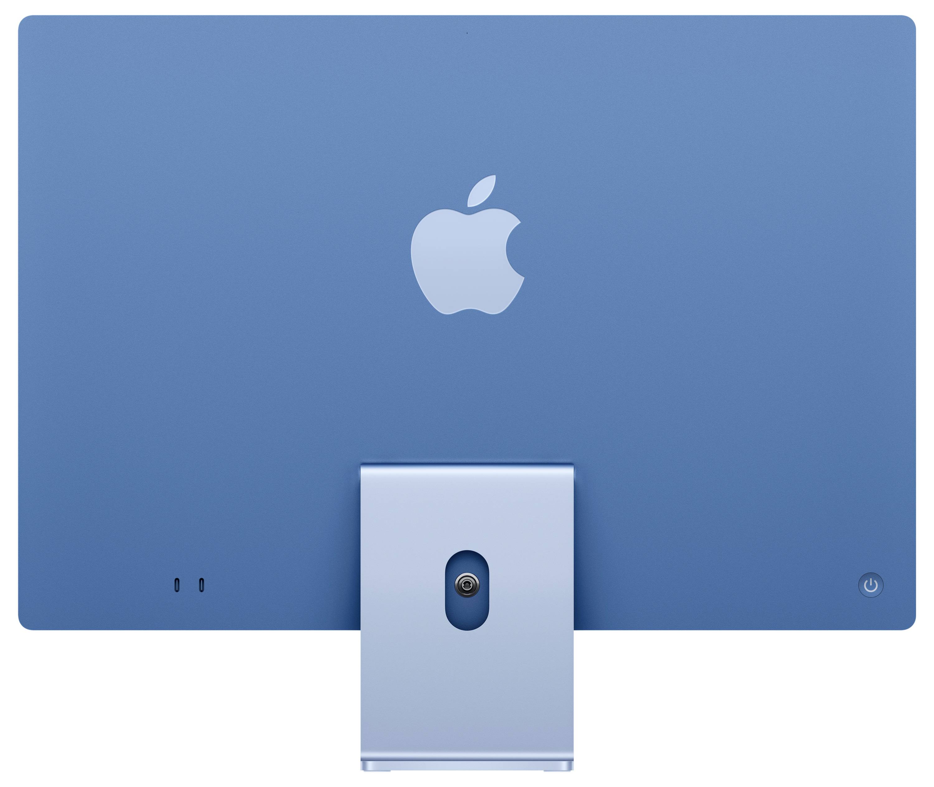 Ein blauer Computerbildschirm mit einem Apfel-Logo auf der Rückseite, elegant designt mit integriertem Standfuß.