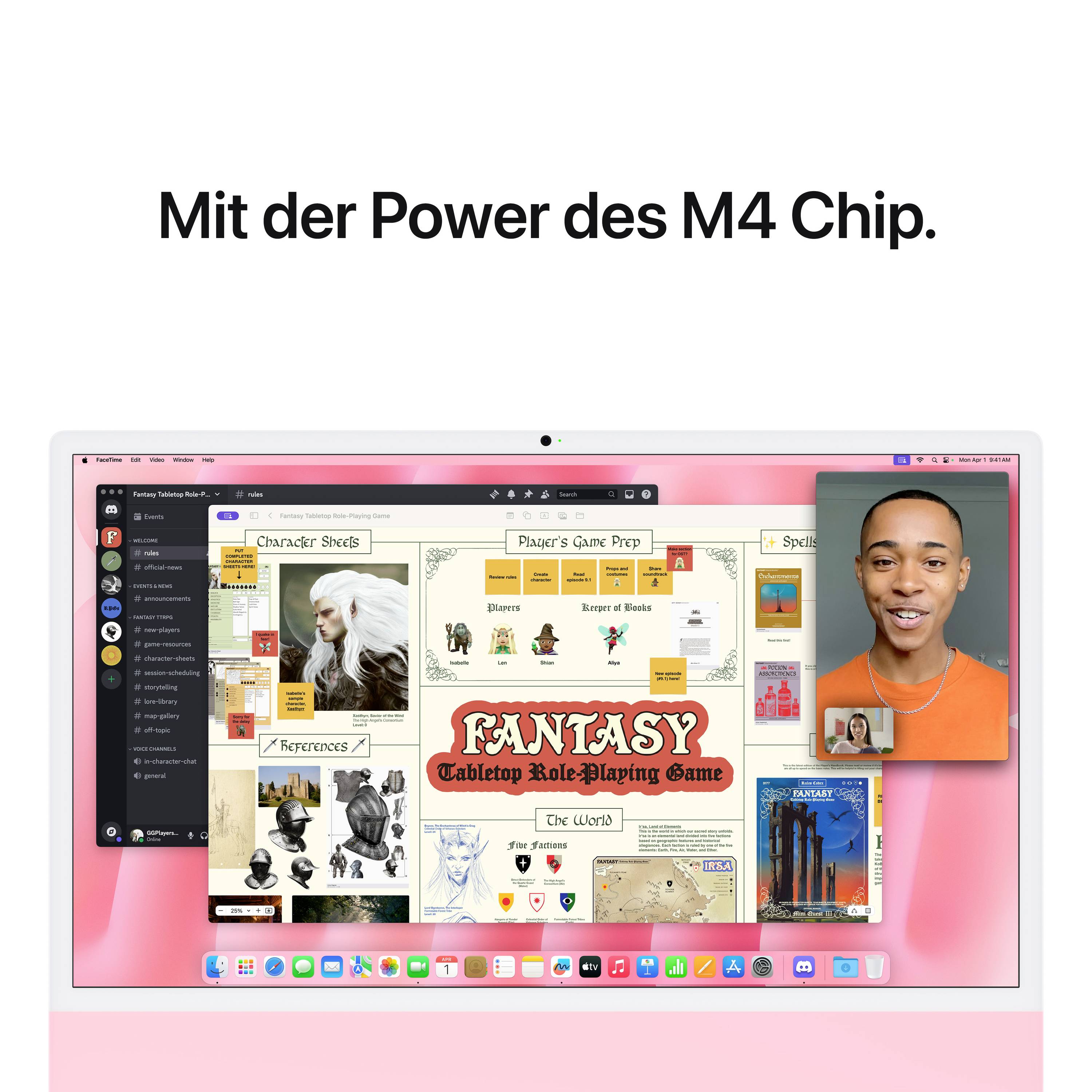 Ein Computerbildschirm zeigt Videotelefonie und eine Fantasy-Spielvorbereitungswebsite. Text darüber lautet 'Mit der Power des M4 Chip'.