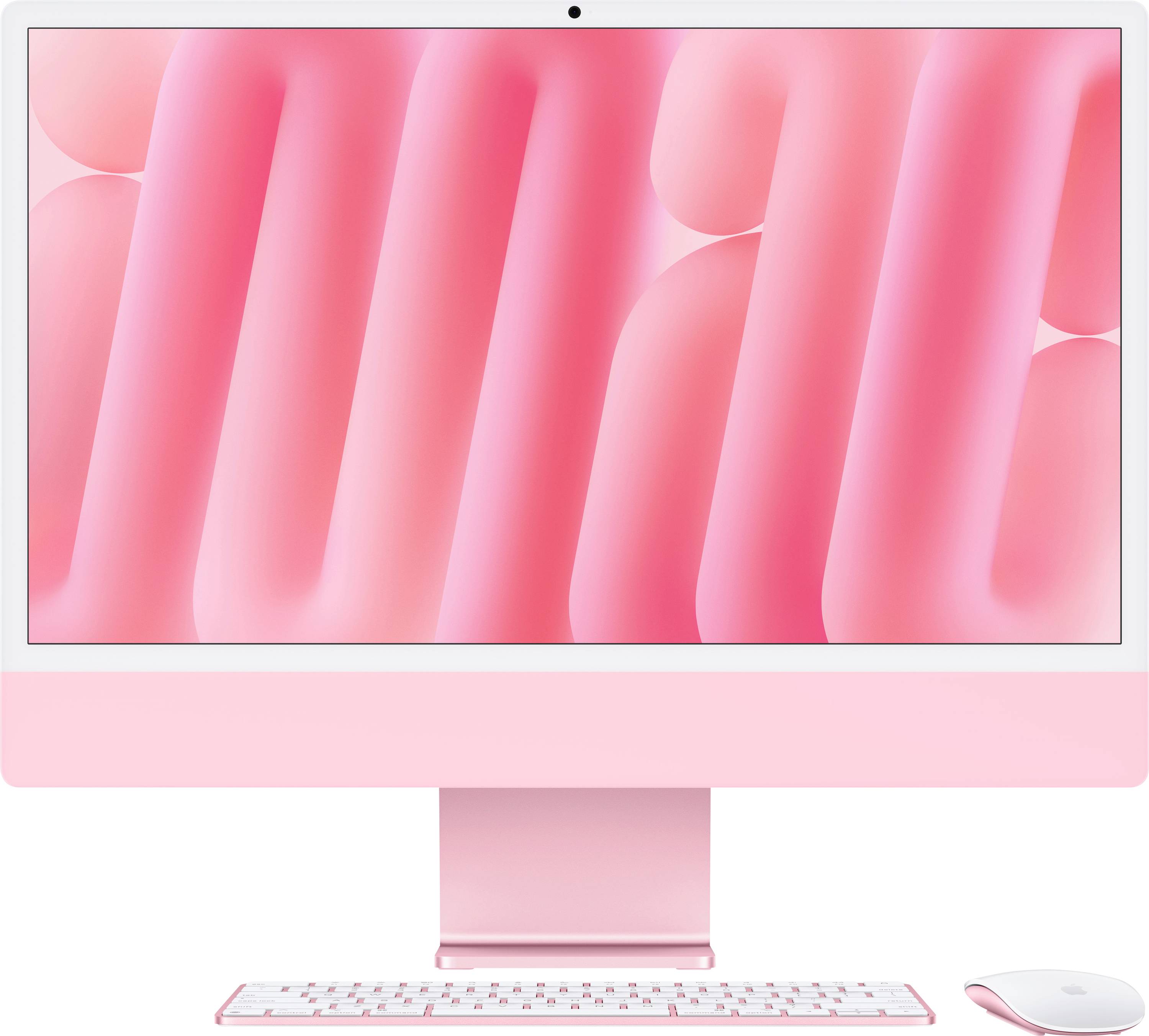 Ein rosafarbener Computermonitor mit Tastatur und Maus. Der Bildschirm zeigt ein abstraktes, rosafarbenes Muster.