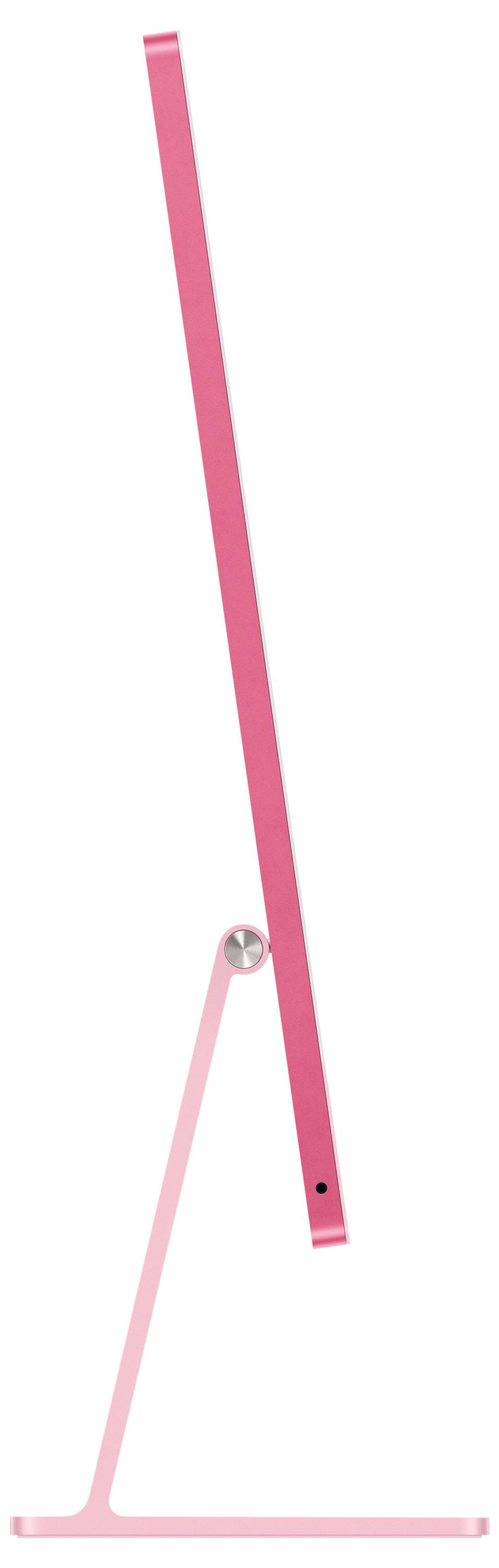 Ein dünner, rosa Computerbildschirm in seitlicher Ansicht, auf einem schmalen Standfuß stehend. Modernes und minimalistisches Design.