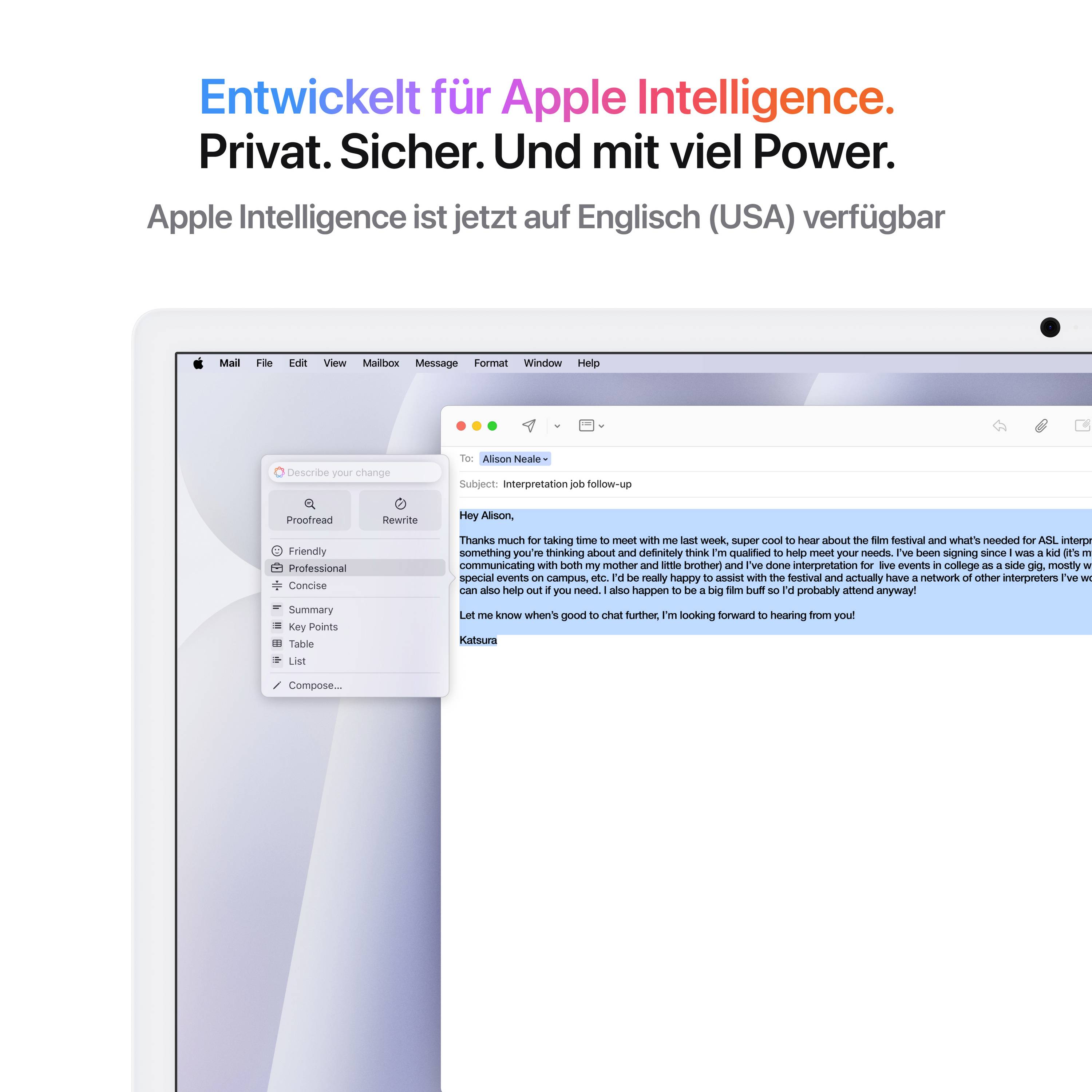 'Entwickelt für Apple Intelligence. Privat. Sicher.' Textanzeige auf einem Computerbildschirm, zeigt eine E-Mail-Oberfläche mit Untermenü.