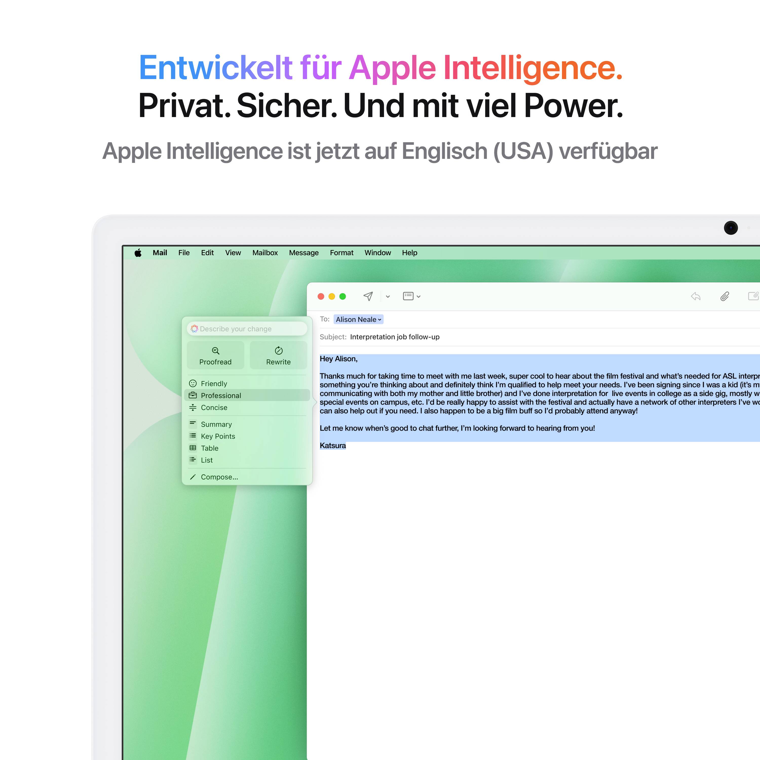 Ein Computerbildschirm zeigt eine E-Mail-Anwendung mit einer Nachricht von 'Kaituna'. Text oben: 'Entwickelt für Apple Intelligence'.