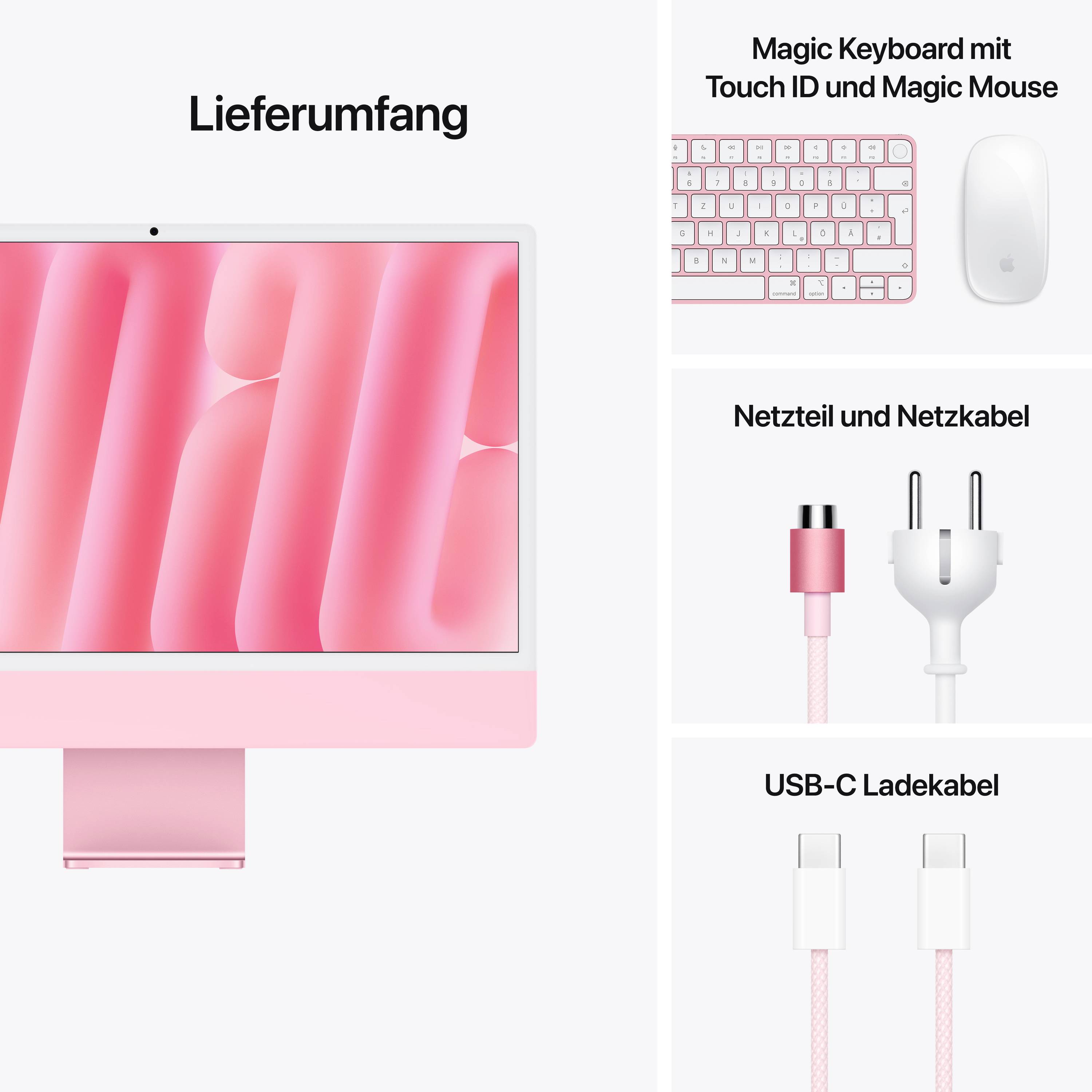 'Lieferumfang': iMac mit pinkem Display. Rechts: Magic Keyboard, Mouse, Netzteil mit Kabel und USB-C-Ladekabel.