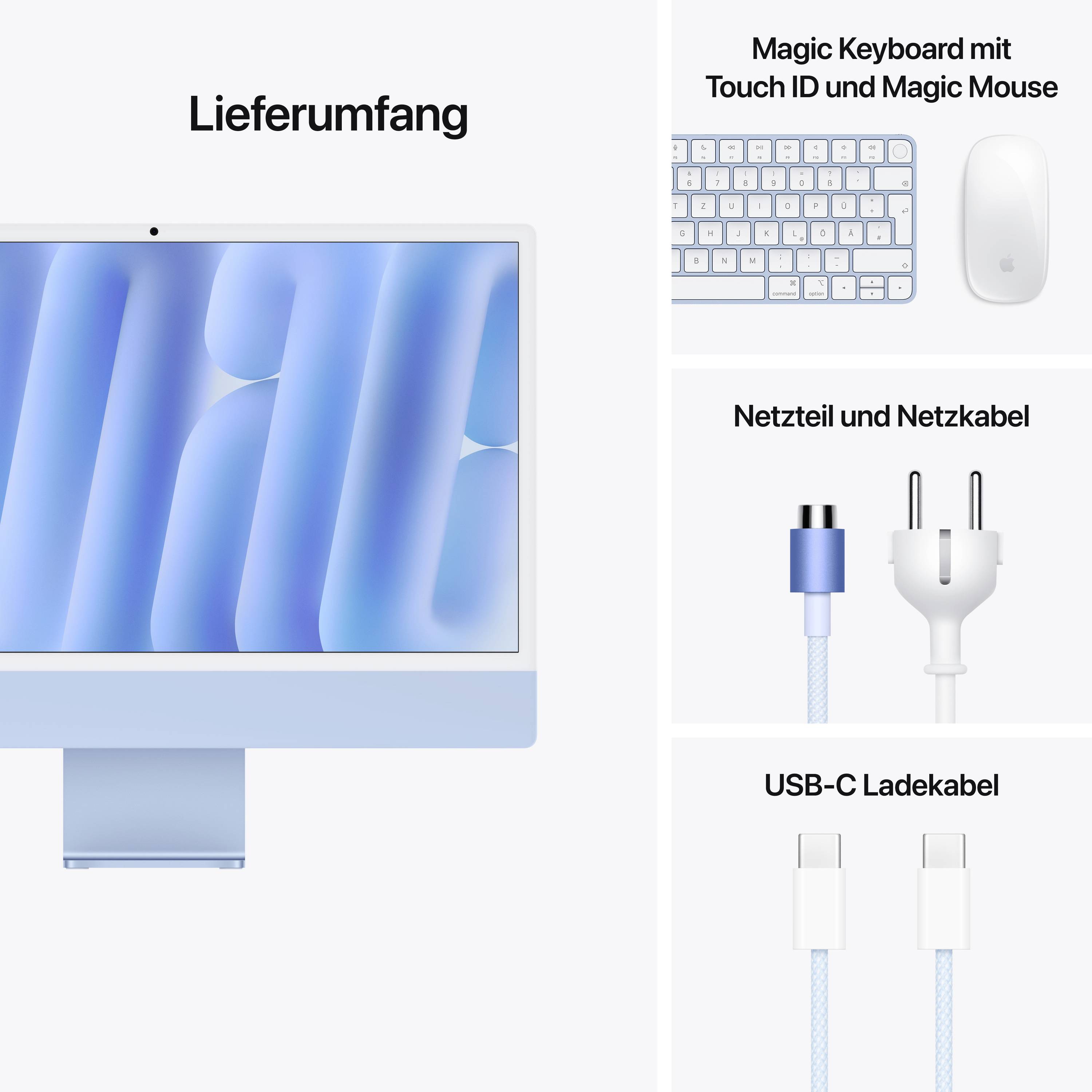 Das Bild zeigt einen Computerbildschirm und Zubehör: Tastatur, Maus, Netzteil und USB-C Kabel. Text 'Lieferumfang'.