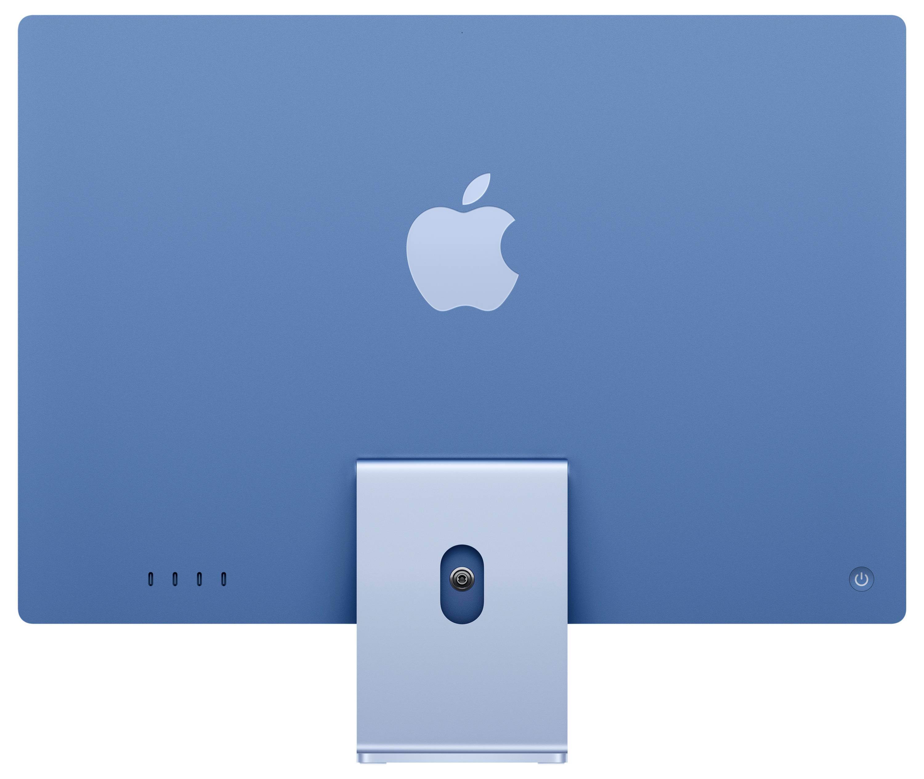 Ein blauer Computerbildschirm, Rückseite mit Apple-Logo, schlichtes Design und ohne sichtbare Anschlüsse oder Tasten.