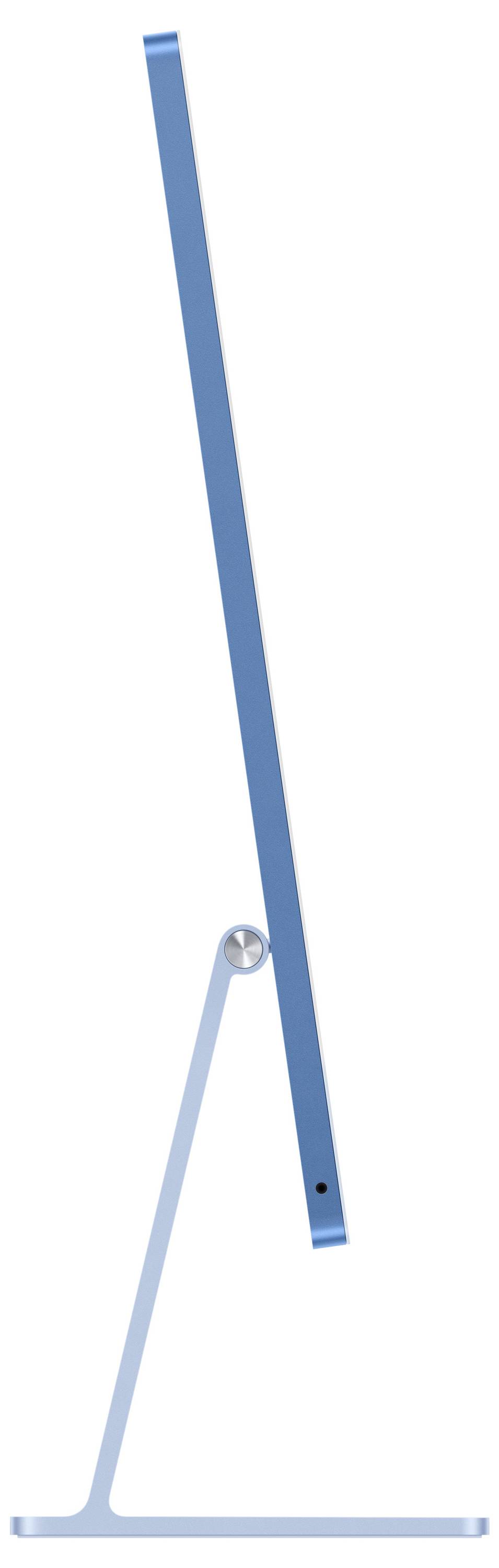 Seitliche Ansicht eines modernen, blauen Computers mit schlankem Design auf einem eleganten Standfuß.
