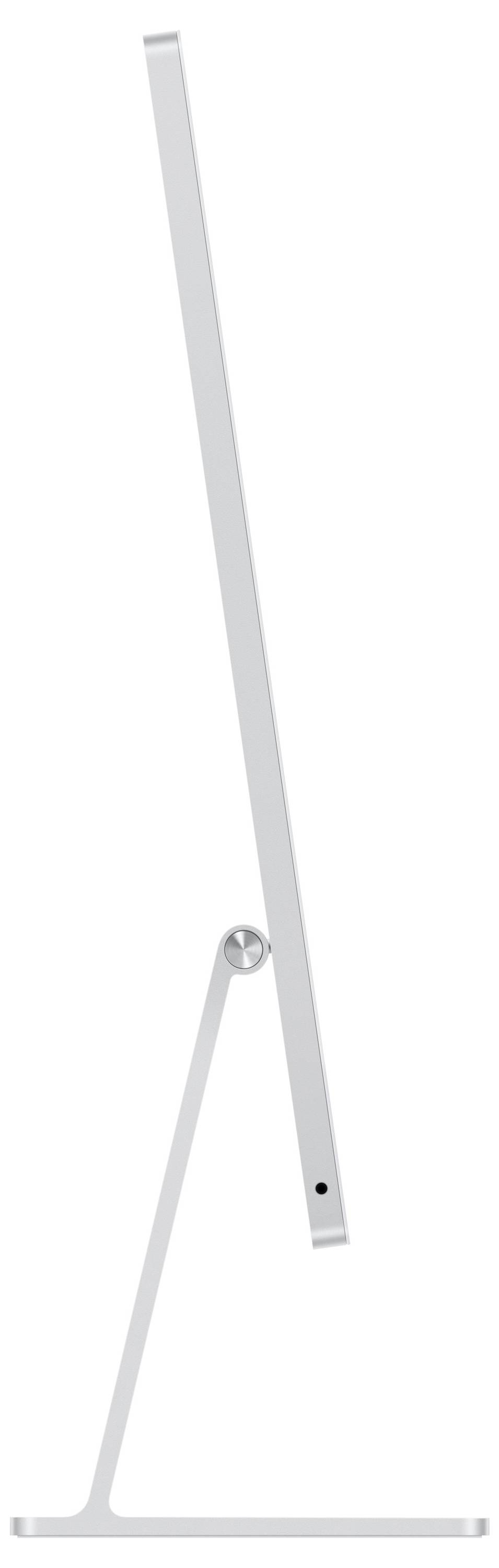 Seitliche Ansicht eines modernen, silberfarbenen Computerbildschirms mit schlankem Design auf einem minimalistischen Ständer.