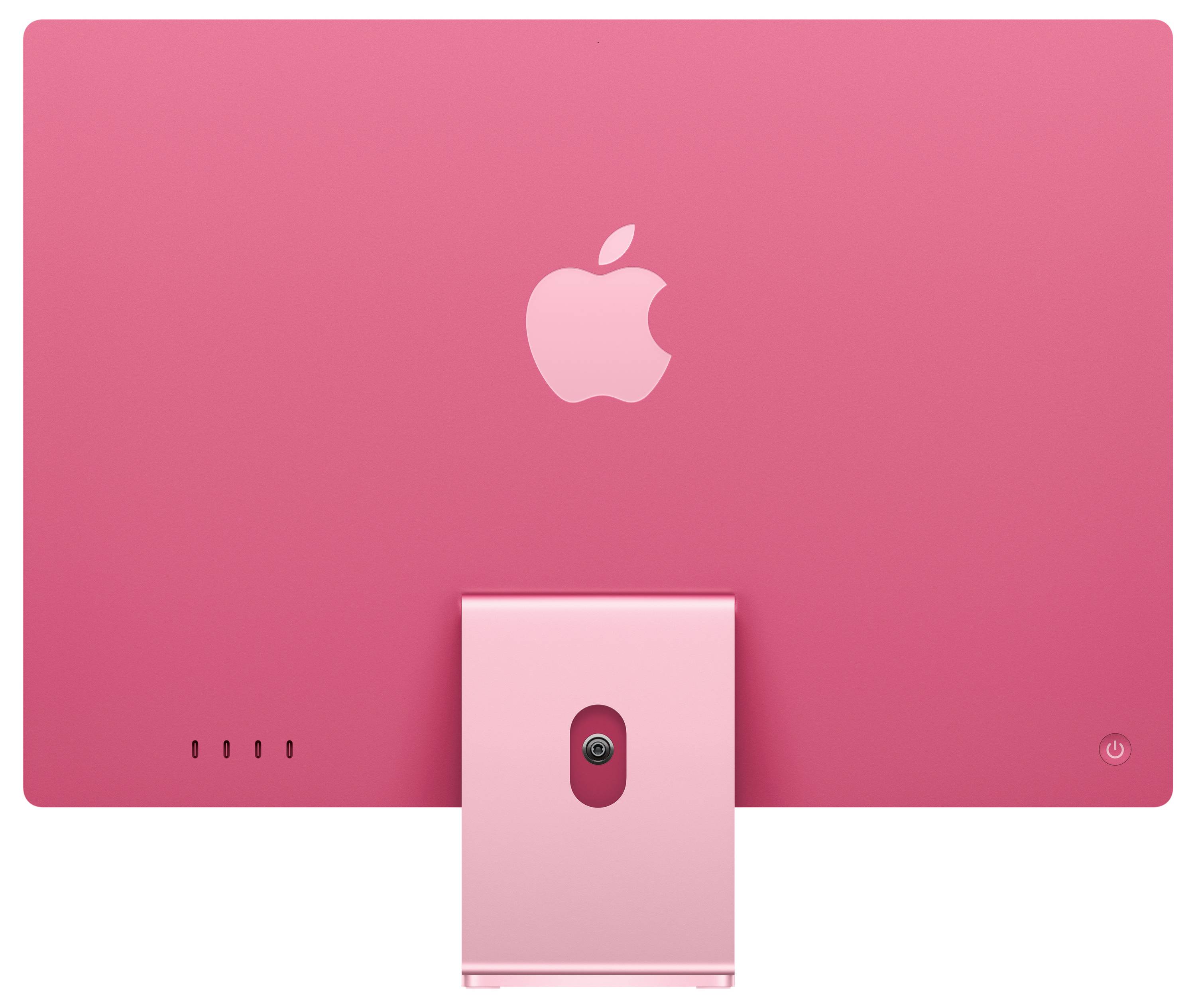 Rückseite eines rosa Desktop-Computers mit Apfel-Logo und mehreren Anschlüssen unten links.