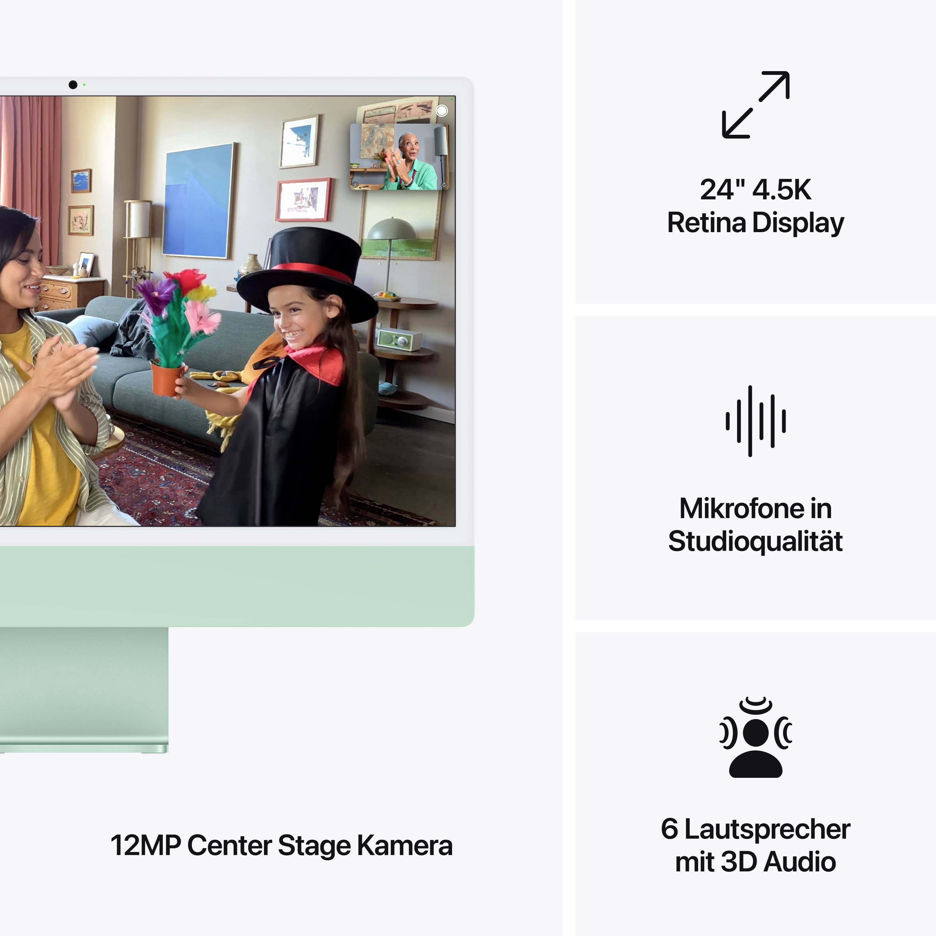 Ein Monitor zeigt ein Videoanruf mit zwei lächelnden Kindern. Rechts wird die Bildschirmgröße (24