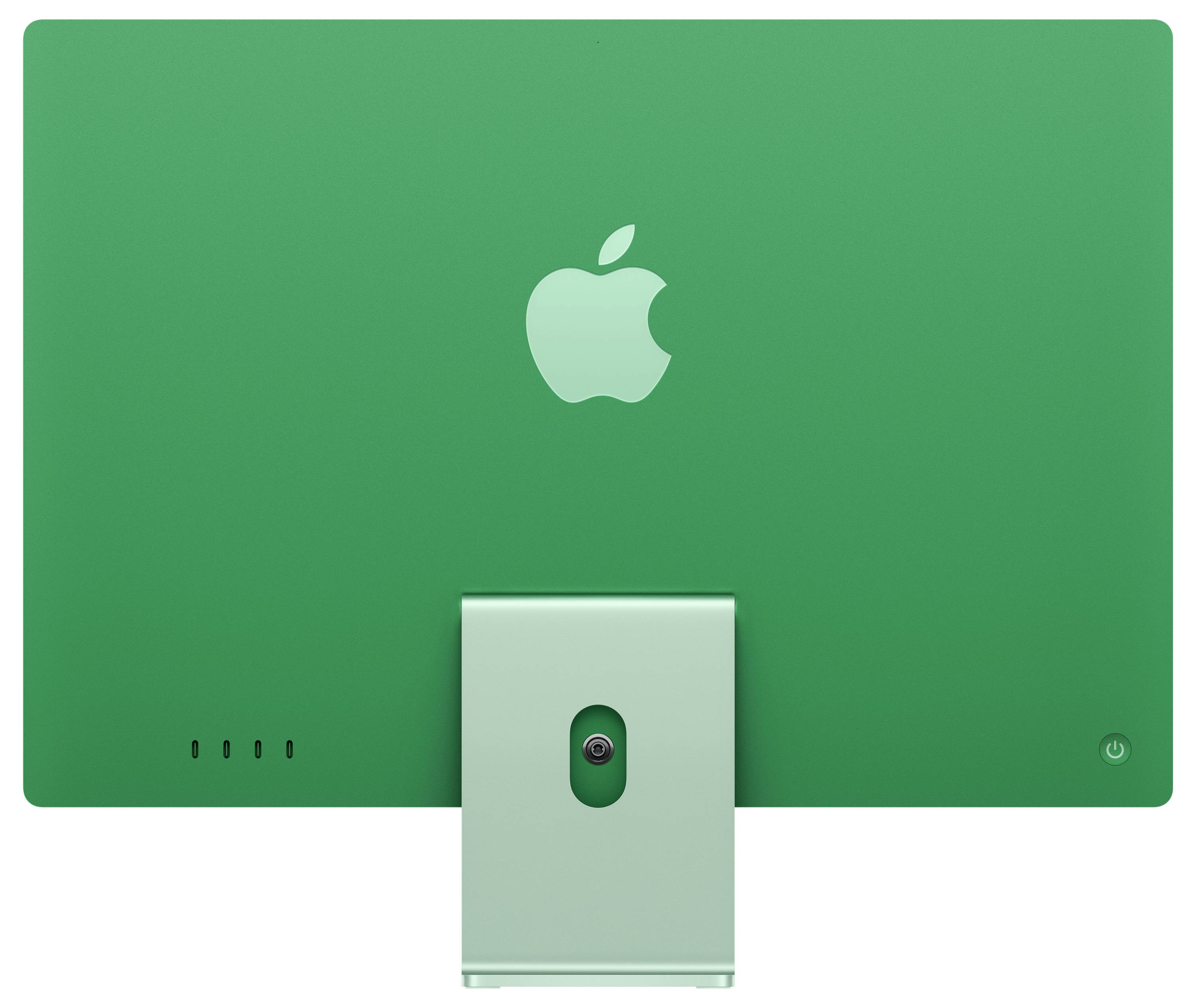 Grüner iMac von hinten mit Apple-Logo und Standfuß sichtbar.