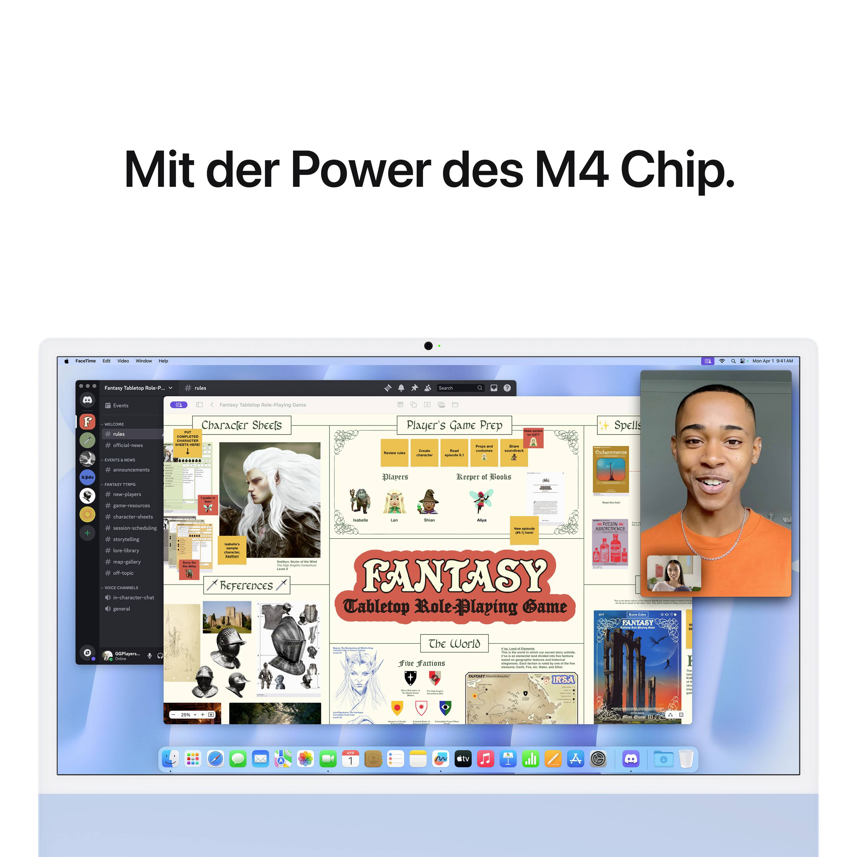 Flacher Computerbildschirm mit verschiedenen geöffneten Apps, einschließlich Videoanruf und Spielanzeige. Text oben: 'Mit der Power des M4 Chip.'