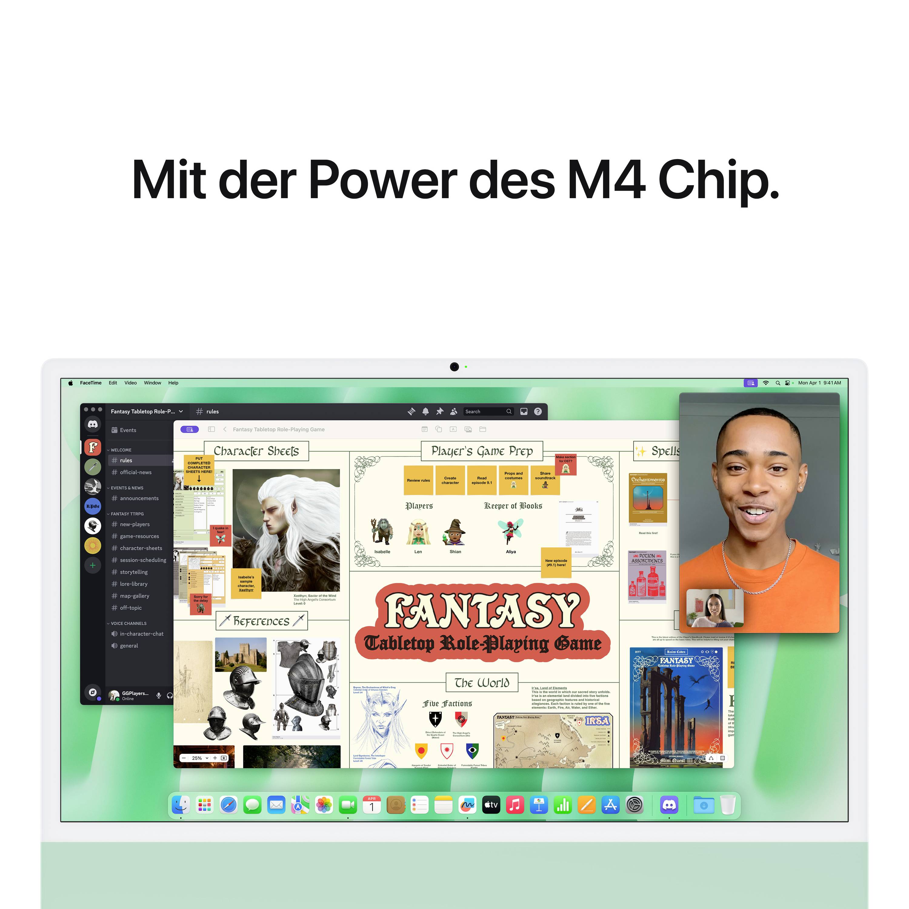 Ein Computerbildschirm zeigt ein Rollenspiel-Designprogramm mit Videoanruf. Text oben: 'Mit der Power des M4 Chip'.