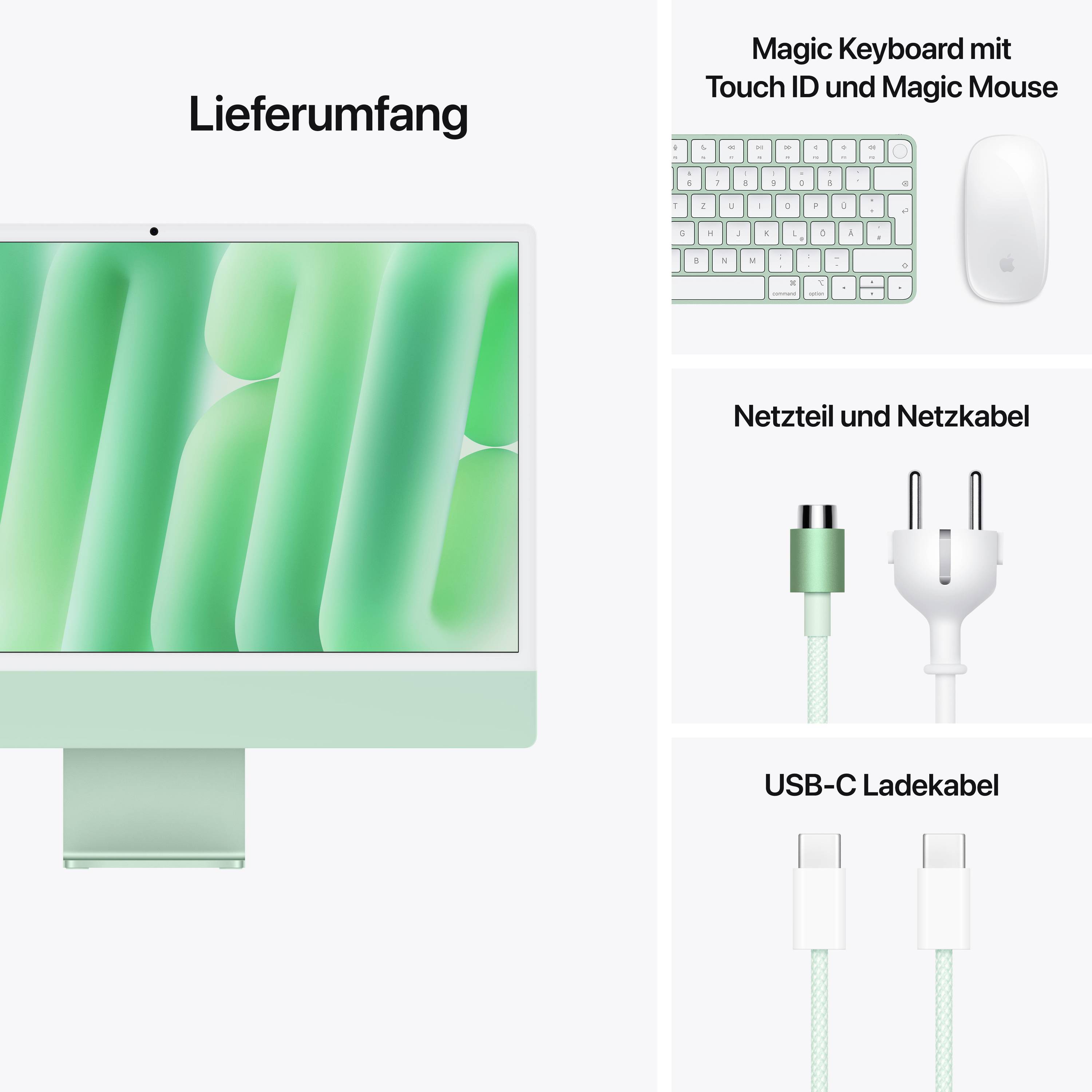 Lieferumfang eines Computers mit grünem Bildschirm, Magic Keyboard mit Touch ID, Magic Mouse, Netzteil, Netzkabel, USB-C Ladekabel.