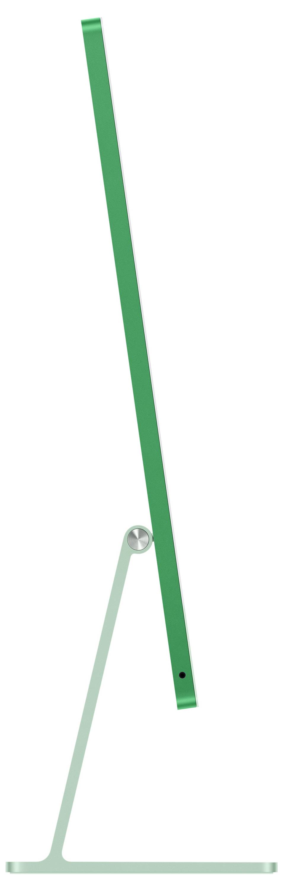 Schlanker, seitlicher Blick auf einen modernen Computerbildschirm, grün, auf einem stabilen Standfuß. Minimalistisches Design.