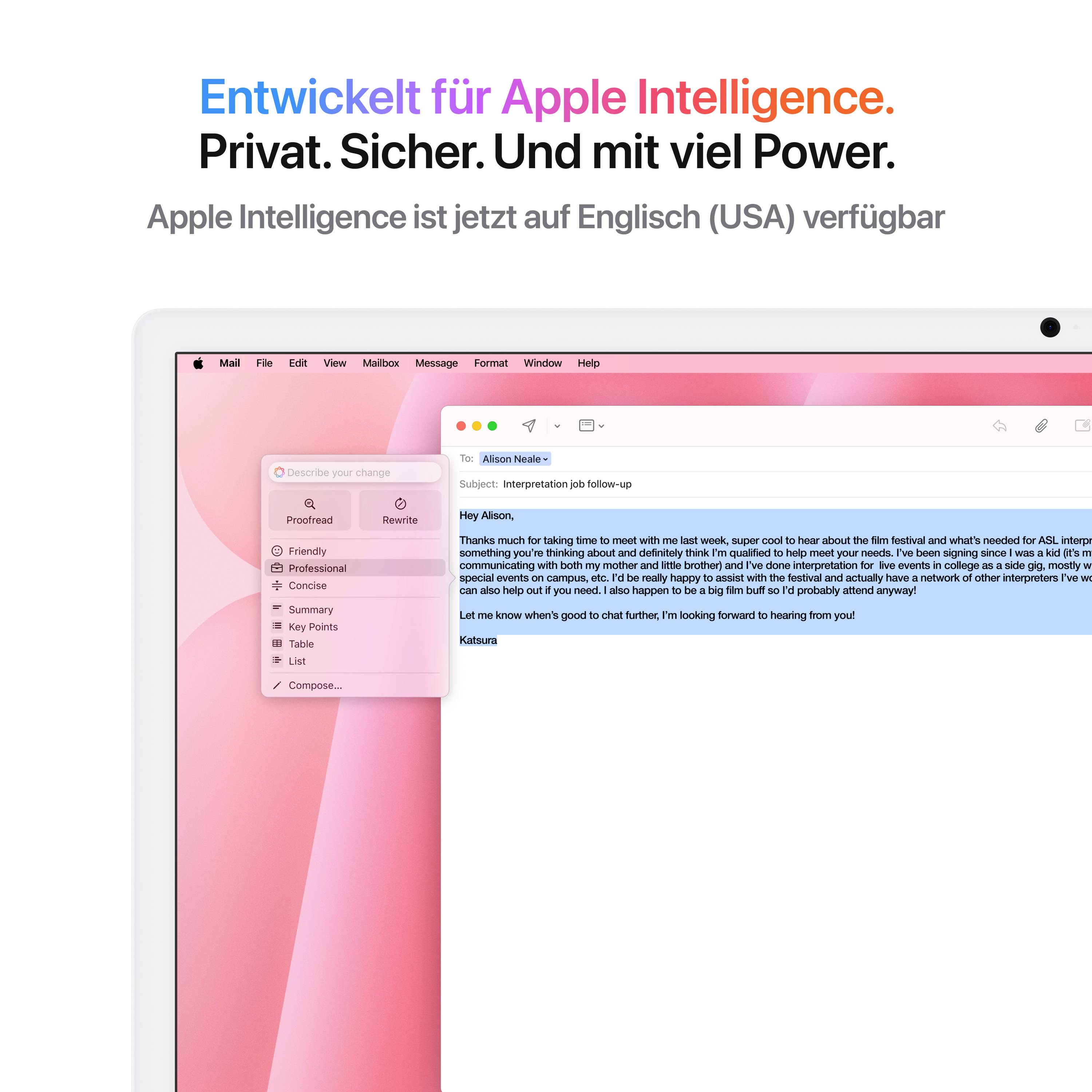 'Titel: Entwickelt für Apple Intelligence. Text: Privat. Sicher. Und mit viel Power. Apple Intelligence ist jetzt auf Englisch (USA) verfügbar.' Hauptteil zeigt ein geöffnetes E-Mail-Programm.