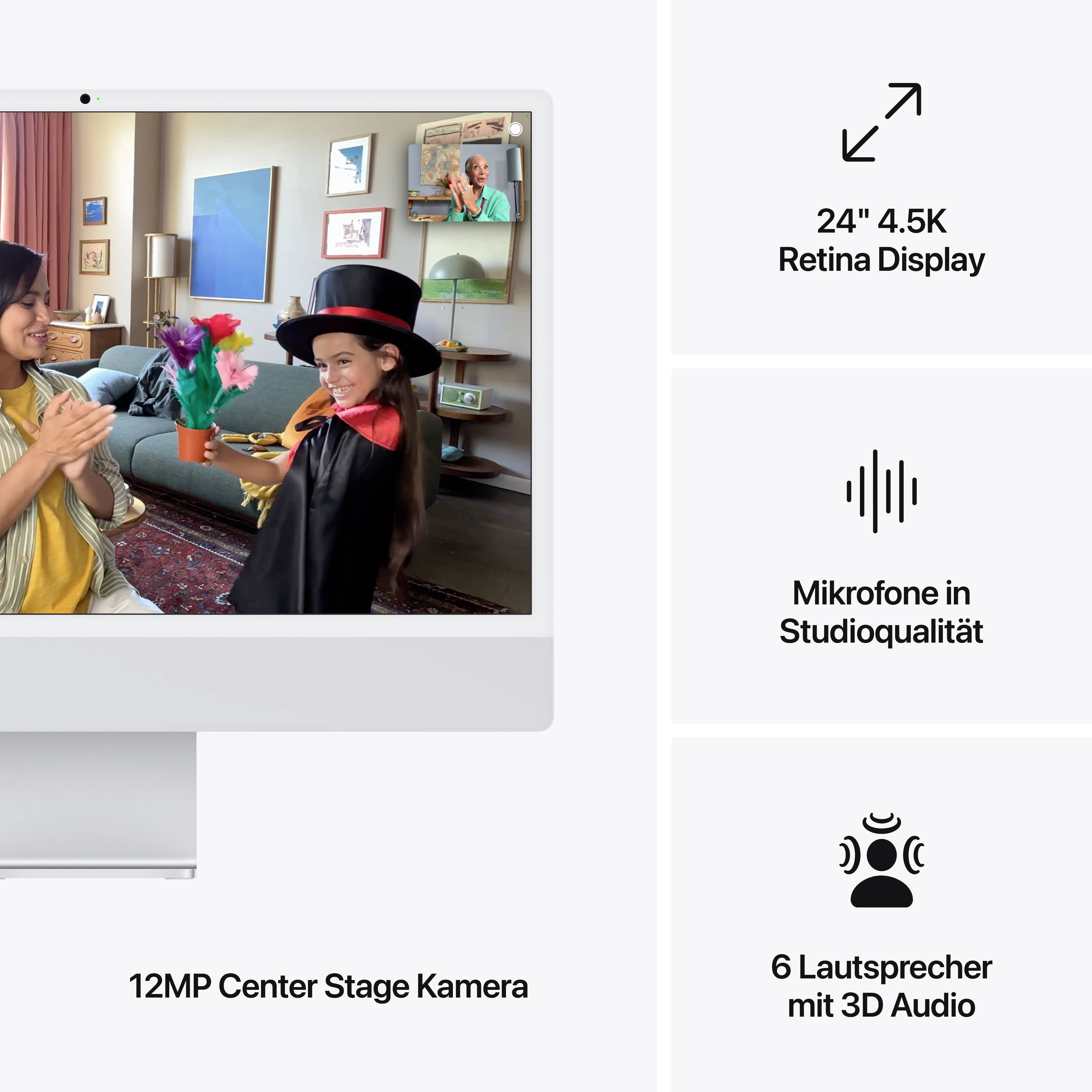Ein iMac mit einem Splitscreen-Bild: Links ein Videoanruf mit fröhlichen Kindern in einem Wohnzimmer, rechts Spezifikationen des Geräts, darunter 24
